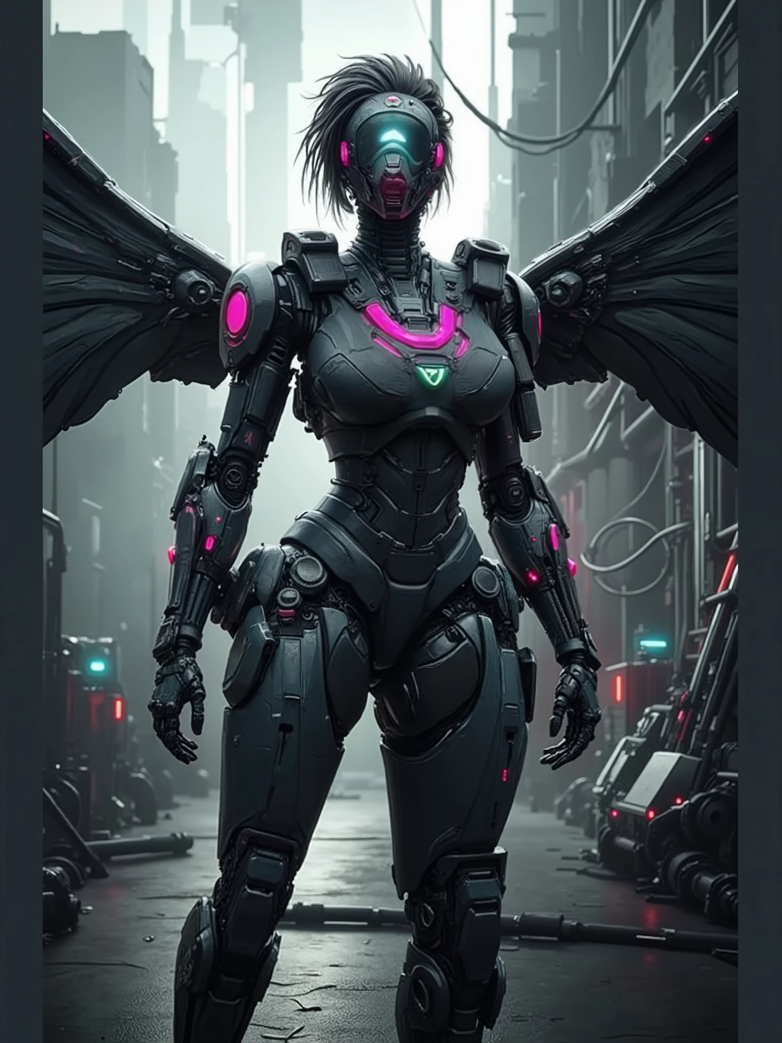 Sure, here is a structured version of your prompt:
---
**Art Style and Influences:**
- Cyberpunk dark fantasy
- Inspired by Raymond Swanland, Karol Bak, Wojtek Fus, and Yoji Shinkawa
- Comic Black Widow style
- CGSociety contest winner quality
**Character Description:**
- Beautiful cyborg angel girl
- Futuristic robot angel
- Villainess with black angel wings
- Mechanized Valkyrie girl
- Cyberpunk angry gorgeous goddess
- Seductive and confident
- Expressive pink punk hairstyle
- Dramatic makeup with dark eyeliner and red lipstick
- Tattoo on human shoulder
- Half gas mask
- Plate shoulder armor
- One cybernetic arm holding a flame sword
- Skin textured by nano machines
- Body is a deep mix of cyber tech and bioengineering technologies
**Outfit:**
- Armor lingerie in Halo style
- Lace lingerie elements
- Red and black color scheme
**Wings:**
- Large black wings
- Made using hi-tech cyborg mechanical robo technology
**Setting:**
- Futuristic or sci-fi setting
- Dark background with pipes and wires
- Ruined concrete wall with craquelure effect
- Zero gravity atmosphere
- Afford smoked light
- Long double exposure with sharpness of broken dynamic lighting glass
- No blur on background
- Lots of stuff and details
**Pose and Composition:**
- Full-height view
- Back view, half turned
- Standing near the wall
- Perfect photo hyper-realistic oil painting style
- More cyberpunk elements
- Add cartoon vision of oil painting
**Technical Details:**
- 3D rendering
- High dynamic range (HDR)
- High-quality images (4 images)
---Шедевр, Высокое разрешение, Реалистичная анатомия, Отмеченный наградами, Точность, Лучшее качество, Детально, Высокая детализация, Качество, Качество, Высокое качество, Очень детально, Сетчатка глаза, Текстурированная кожа, Сверхвысокая чёткость,