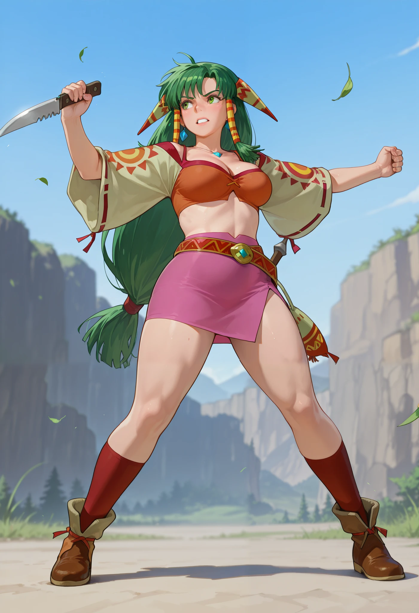 26 yo, face look alike to feena from \(Grandia\), Beautiful Mature young milf, (mature woman with lean perfection abdomen), sweet sweet expression, confident, large natural breasts, Curvy body, (outdoor-holding a jewel-addorned knife with 1hand - nimble acrobatic fight with a group of orcs in fantasy classic Grandia settings), battle stance, solo, 1girl, BREAK, She wears an orange bra top that leaves her abdomen exposed, paired with a small short pink skirt held up by a thin red belt. Covering her arms is a tan-colored shawl adorned patterns on both sleeves. Her long green hair flows down her back, with some sections tied through two patterned hair accessories. She completes her ensemble with ripped red socks that extend past her knees and brown shoes featuring tribal patterns similar to those on her belt and shawl, official arts, dynamic jrpg view, (dynamic cinematic angles), fantastic fantasy vibrant background, acrobatic and nimble fighting orcs hoblins monsters,