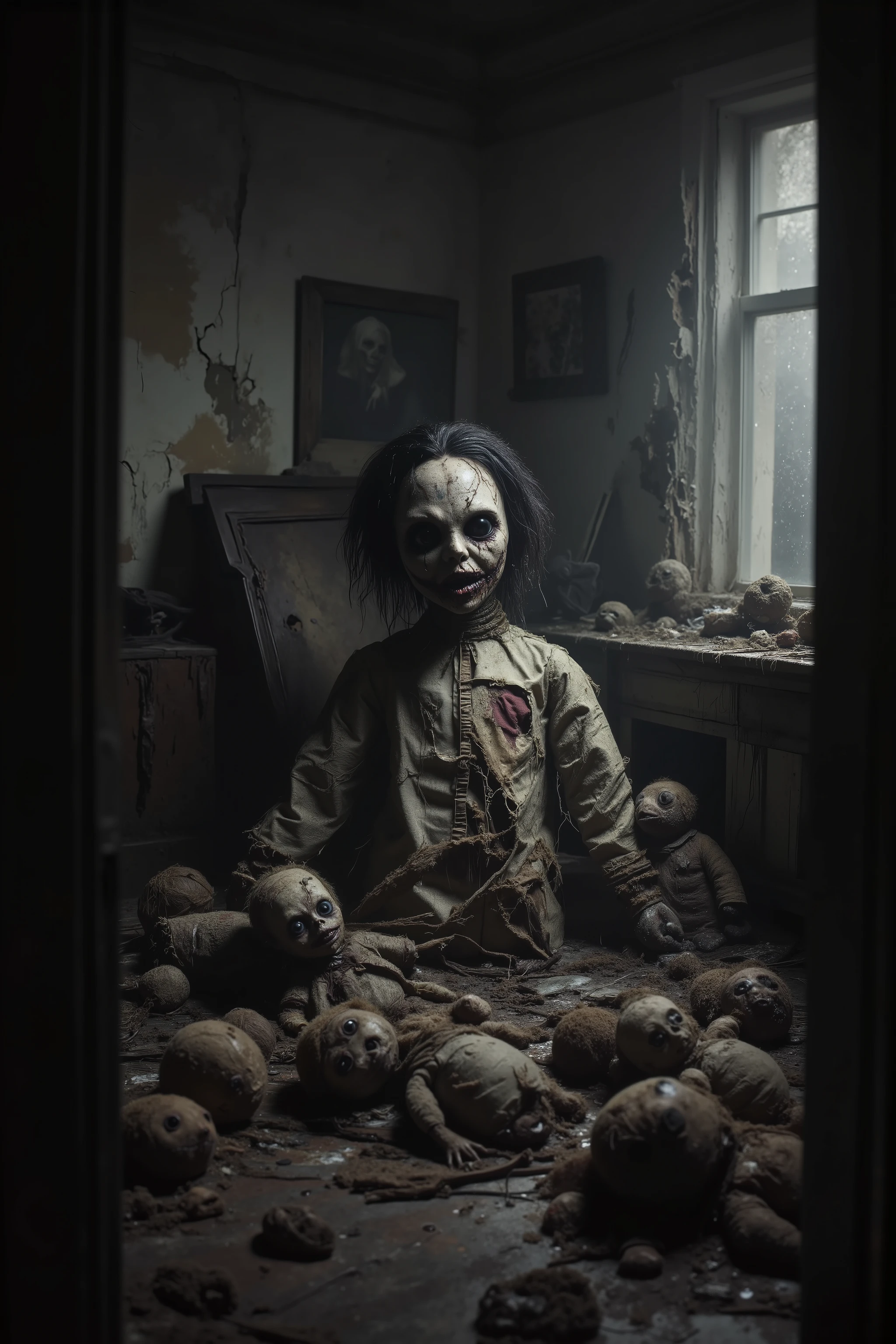 Old lonely bedroom. Walls falling apart. Filthy run down room with toys. One large sad, creepy, morbid, disgusting rag of a doll sitting in a chair. Patches of dark hair on it's head. Torn, dirty fabric, coming apart at the seams. Terrified smaller stuffed animals look around with fear. Startling scene. Horrific evil doll with devil eyes. Sad scene.Macabre. Demonic, creepy doll. Iconic images. Depressing scenes. Photo-realistic, ultra-detailed, realism, portrait photography,cinematic portrait, cinematic photography, UHDR, full focus, highest quality, cinematic lighting, attention to detail,optical illusions, unique, cinematography, best quality, masterpiece.