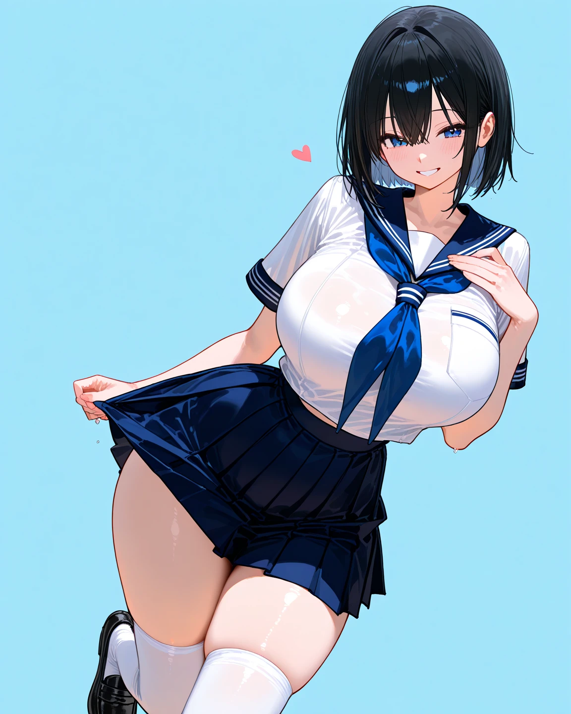 (masterpiece, best quality), front shot, 1girl, kawaii, (micro waist, super big breasts, very long legs:1.5), Very elongated thin body, short height, scrawny, tiny cute thin face, detailed face, cute smile, mini skirt, Tight serafuku, shows under boob, white sneakers, pigeon-toed, wet sweaty, visible ribs, ((Black medium hair)), Cowgirl play