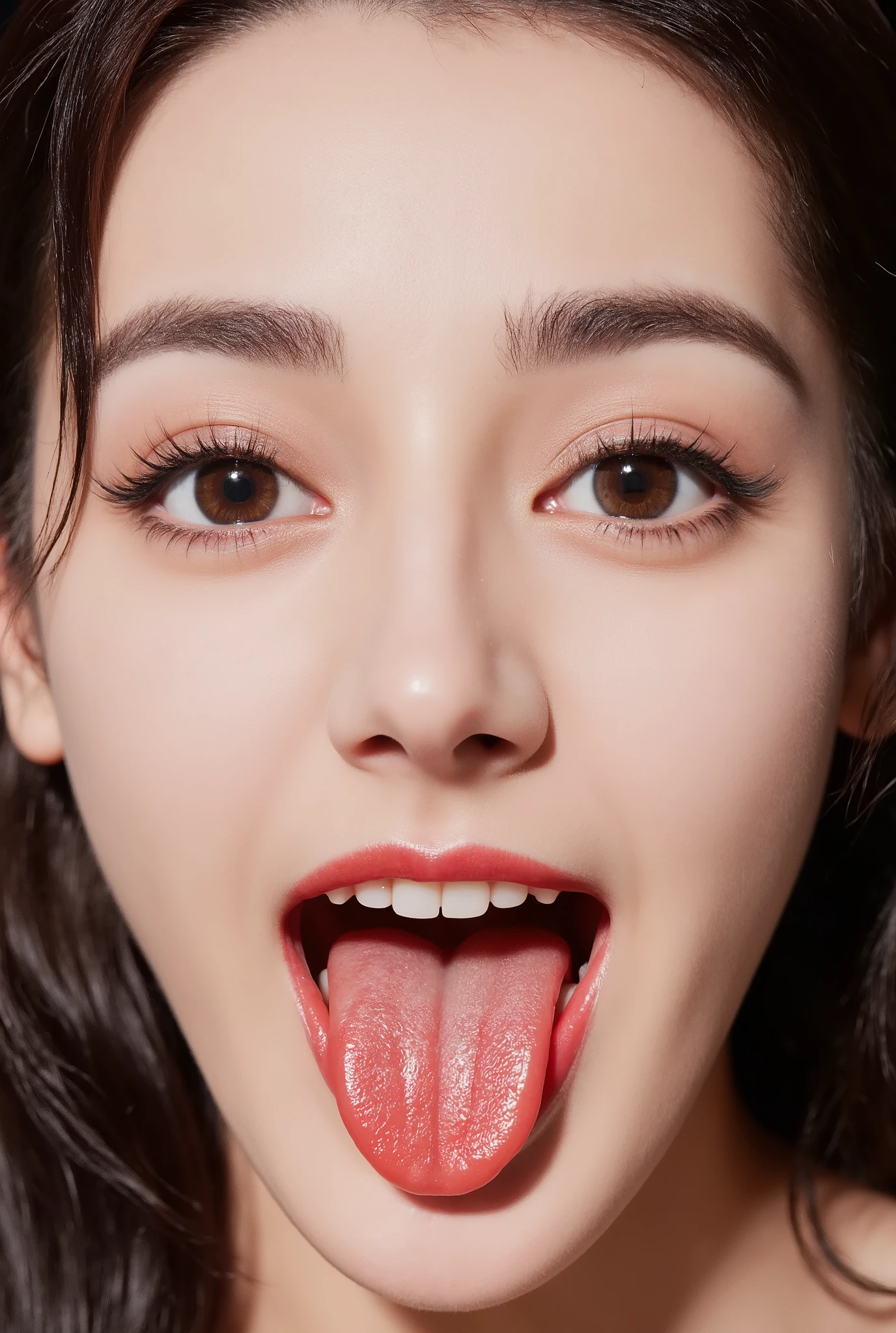32k 8k super high image quality masterpiece, well-groomed face, realistic eyes, wide opening, mouth wide open, focus on the face, like in real reality, a smile pointing straight at you like in a photo, showing a wet tongue, akkanbe, beautiful tongue, thick tongue, big tongue, glossy tongue, happy expression, selfie, emphasis on live-action tongue    