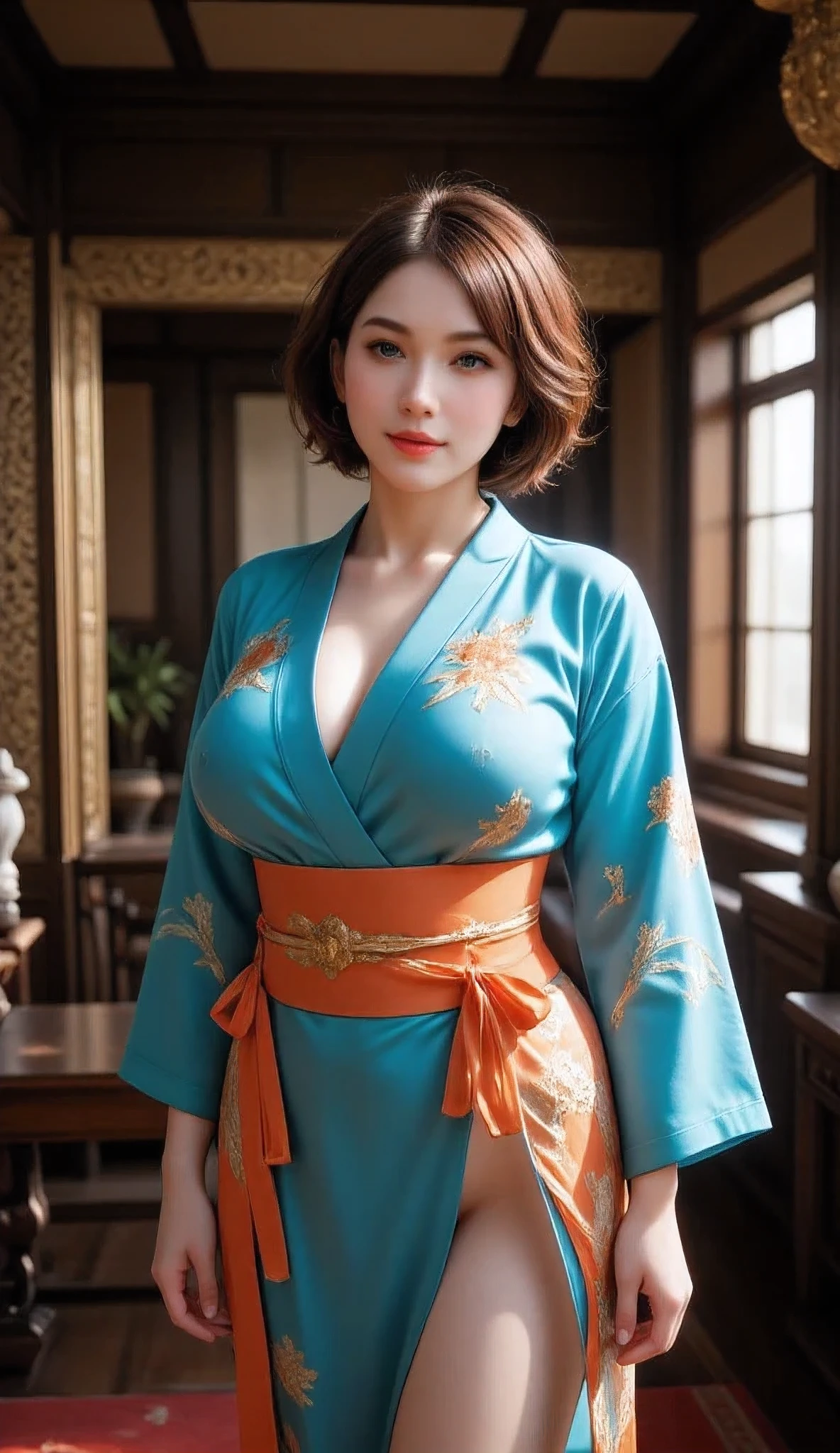 arafed japanese woman in a japanese traditional folk kimono dress standing in a room, wearing ancient chinese clothes, palace ,an oiran, a girl in hanfu, hanfu, traditional chinese clothing, with acient chinese clothes, chinese dress, japanese kimono, chinese costume, traditional beauty, ancient chinese princess, japanese clothes, chinese style, traditional japanese colors, wearing kimono, ancient chinese beauties, Create a prompt that captures the essence of ancient Japan through an artist's interpretation. The scene should feature a photorealistic, well-rounded Japanese female character who embodies vivacity and grace, showcasing her in a traditional silk kimono as she smiles gently. Utilize a wide-angle view to emphasize symmetrical image composition, with a cinematic angle that reveals a beautifully designed ancient oriental interior in the background. Employ soft lighting to enhance the ambiance, ensuring that the character’s shiny hair and lifelike features are depicted with precision. Focus on creating central leading lines that guide the viewer's eye through the depth of the scene, while highlighting the intricate details of both the wardrobe and the environment. Please ensure the artwork reflects an immersive ancient Japan theme, enriched by the textures and vibrancy typical of a MajicMix or silkpunk style, without including any inappropriate elements.Accurate,