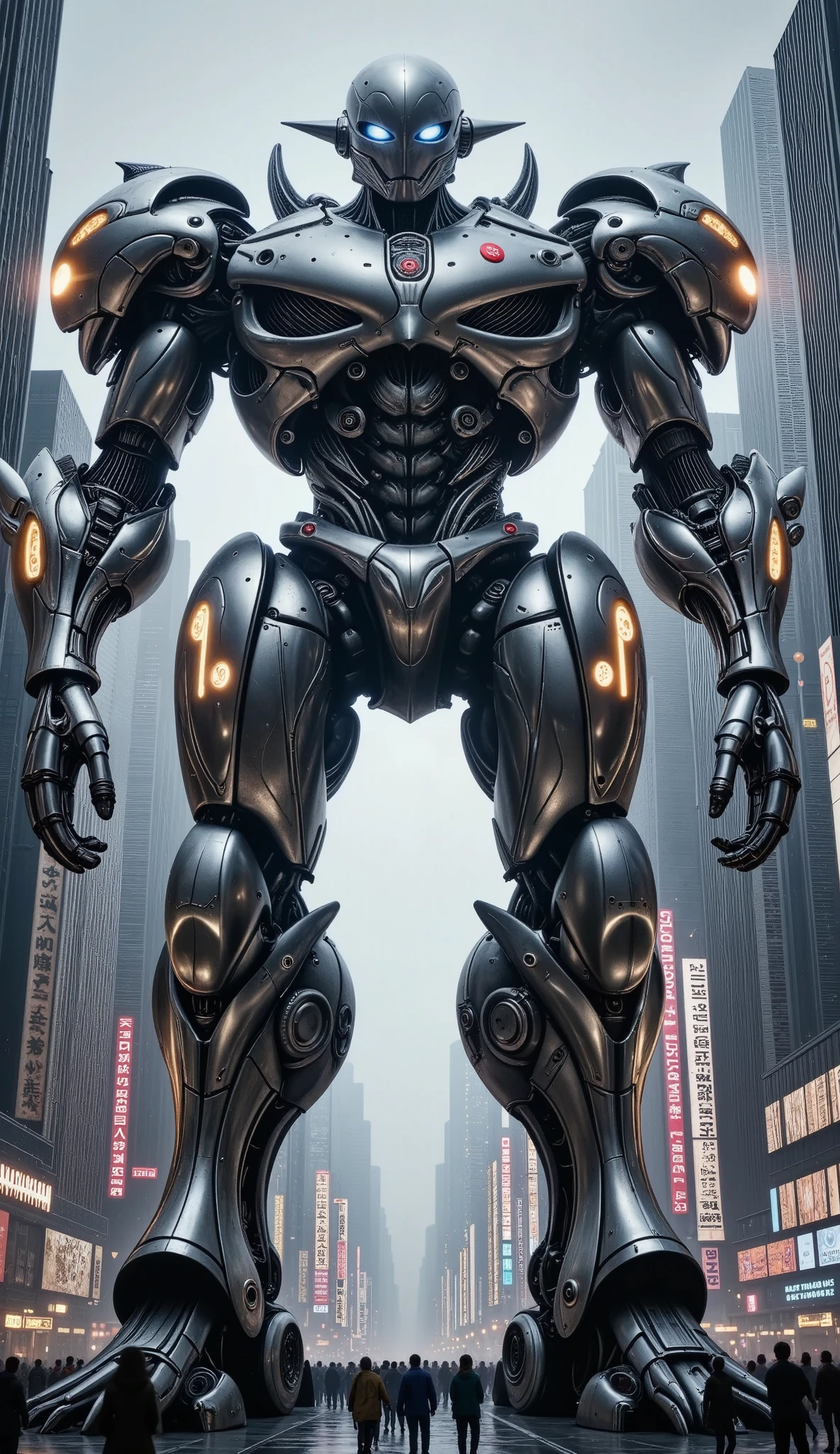 a giant robot in the city, 1 gigantic robot, (city skyline, urban environment, detailed cityscape, towering skyscrapers, bustling streets, crowds of people), (best quality,4k,8k,highres,masterpiece:1.2),ultra-detailed,(realistic,photorealistic,photo-realistic:1.37), cinematic lighting, dramatic shadows, (intricate mechanical details, gleaming metallic surfaces, complex gears and pistons), science fiction, cyberpunk, moody color palette, neon lights