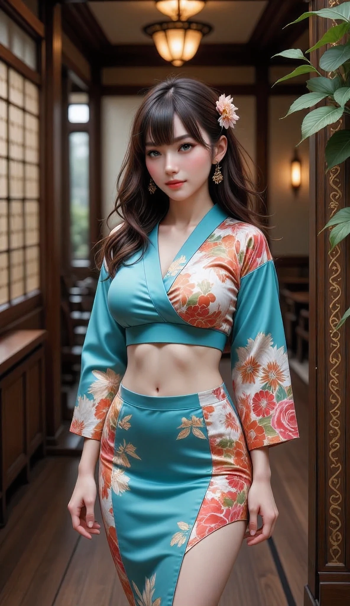 arafed japanese woman in a japanese traditional folk kimono dress standing in a room, wearing ancient chinese clothes, palace ,an oiran, a girl in hanfu, hanfu, traditional chinese clothing, with acient chinese clothes, chinese dress, japanese kimono, chinese costume, traditional beauty, ancient chinese princess, japanese clothes, chinese style, traditional japanese colors, wearing kimono, ancient chinese beauties, Create a prompt that captures the essence of ancient Japan through an artist's interpretation. The scene should feature a photorealistic, well-rounded Japanese female character who embodies vivacity and grace, showcasing her in a traditional silk kimono as she smiles gently. Utilize a wide-angle view to emphasize symmetrical image composition, with a cinematic angle that reveals a beautifully designed ancient oriental interior in the background. Employ soft lighting to enhance the ambiance, ensuring that the character’s shiny hair and lifelike features are depicted with precision. Focus on creating central leading lines that guide the viewer's eye through the depth of the scene, while highlighting the intricate details of both the wardrobe and the environment. Please ensure the artwork reflects an immersive ancient Japan theme, enriched by the textures and vibrancy typical of a MajicMix or silkpunk style, without including any inappropriate elements.Accurate,
