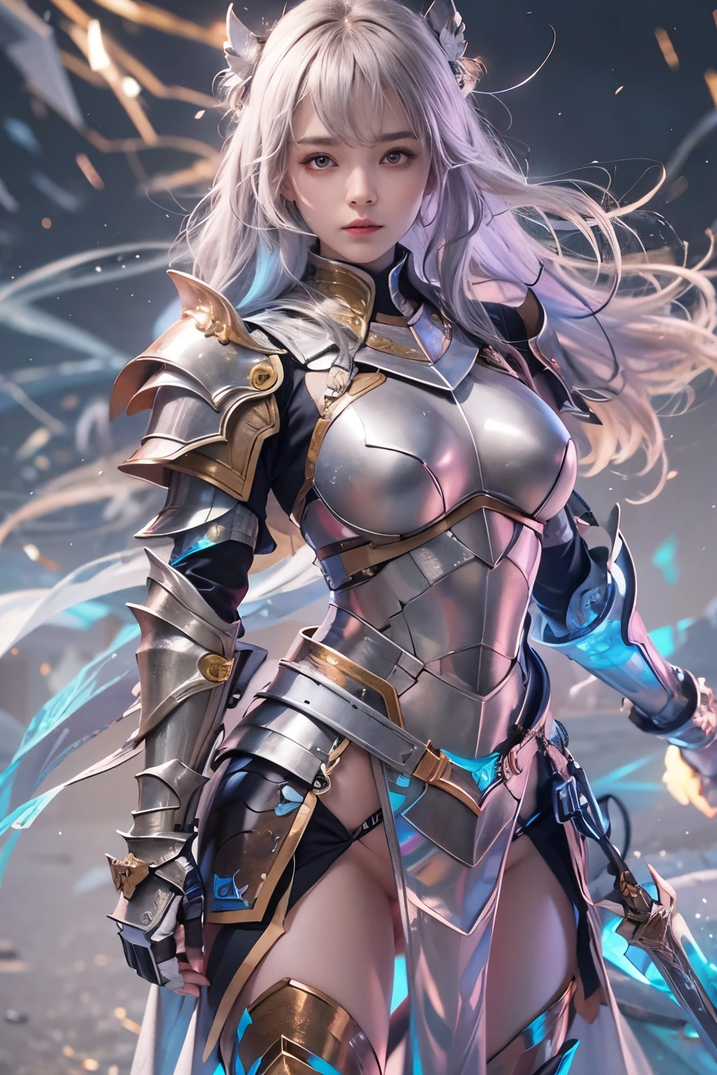 a powerful, female thunder god, (best quality, 4k, highres), lightning bolts, stormy skies, fierce expression, muscular physique, striking blue eyes, flowing golden hair, Norse mythology, ancient warrior, dramatic lighting, fantasy artwork, vibrant colors