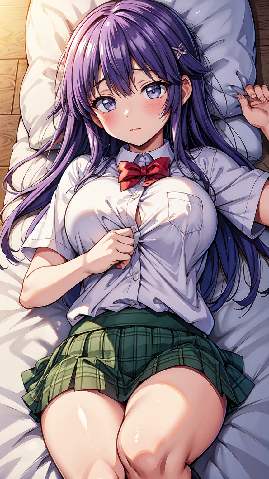 POV Fuselage Grab, ((SEX)), Lying, 1girl in, moaning, (is crying), (Spread legs), 双臂在头后,(((penis;into pussy:blood stained))), ((wearing sailor suit;1.9))、(pov hand:1.5),(pov hand:Grabbing the waist),(pnkserafuku),(blue green hair), (low twintails), (messy hair), (tired hair), (forehead), (ribbon head), (dark blue eyes), (large full breasts:1.3),(thighs thighs thighs thighs:1.1), Large breasts, (round breast),