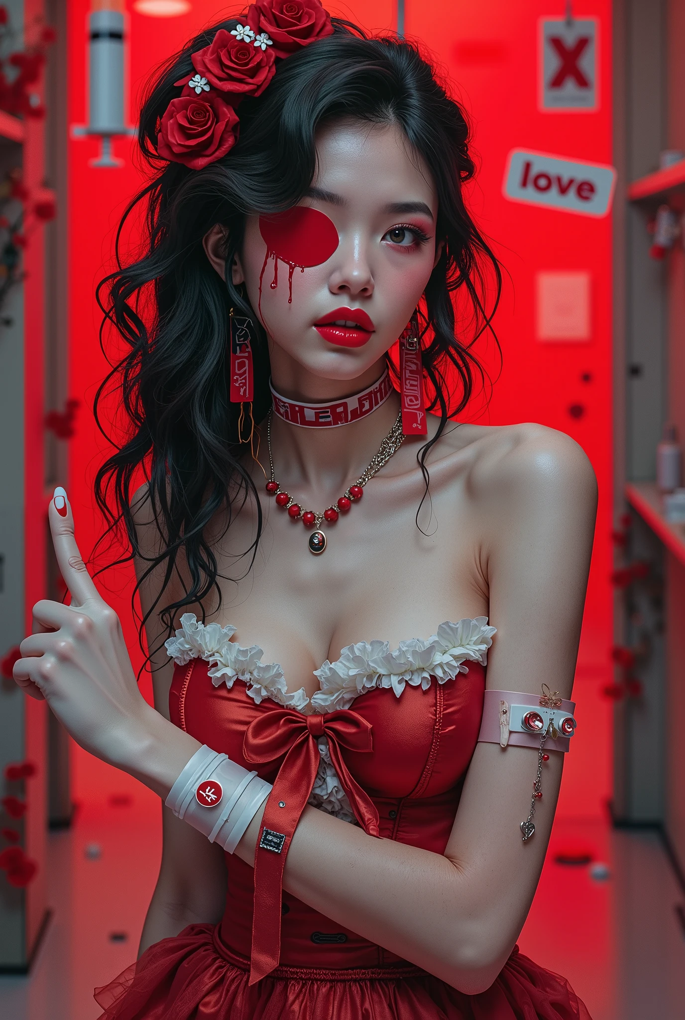character design ,Costume Design,Lori Prostitute , Gorgeous Dress ,Gloves,curls,Very complex,Beautiful, straight dress ,Bow,【frilld,ribbon,bandage,Nurse style, giant syringe ,Circle,Red Cross ,Y2K,Electronic Girl, Unilateral Eye Mask ,love decoration ,Subculture,Sick,Blood
