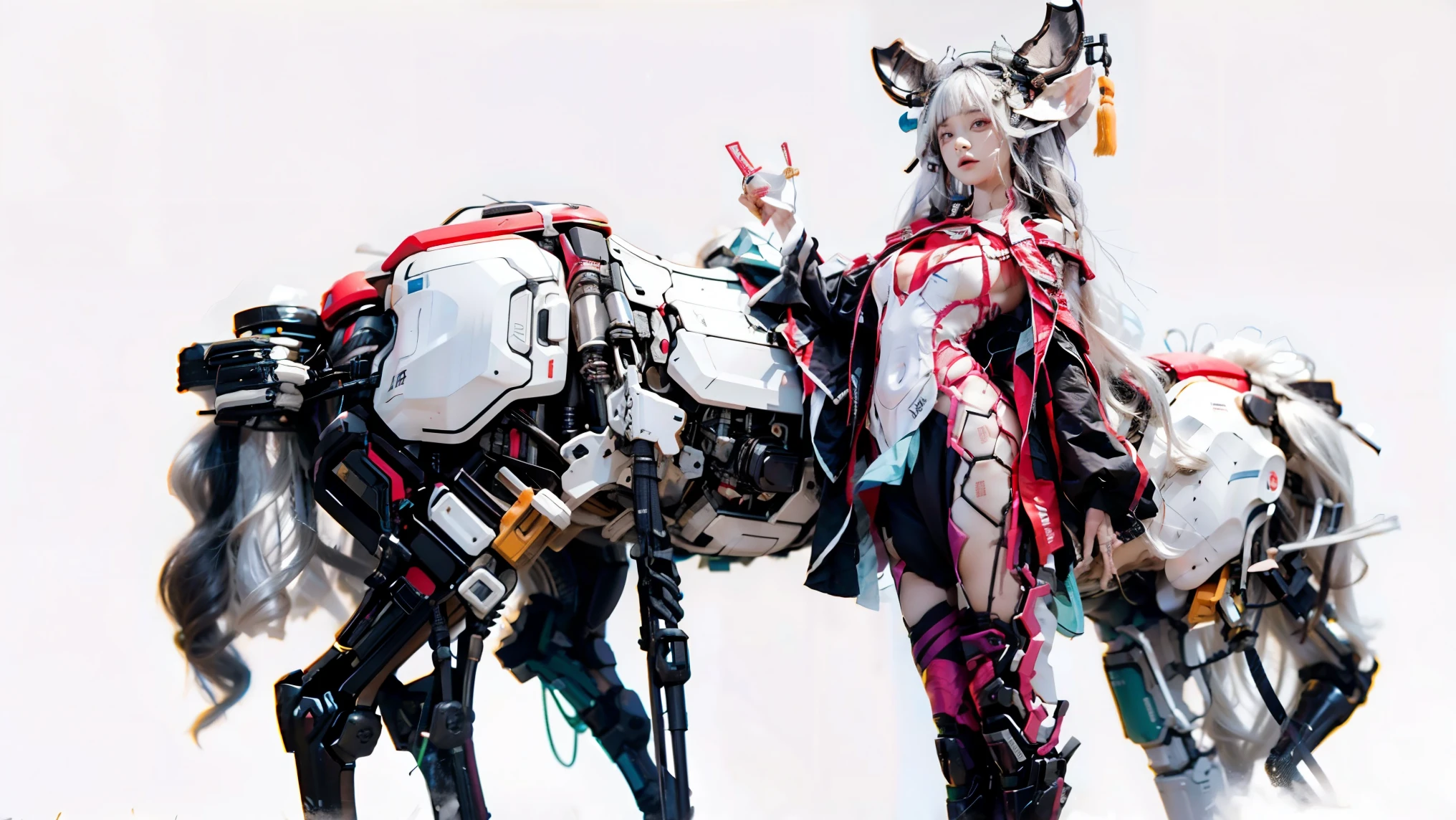 (beste-Qualit)), ((a masterpiece of)), (detaile:1.4), 3D,1girl in, fullbody image, Image of a beautiful woman in a goat-inspired cyberpunk suit, (Goat female), Mechanical goat horn decoration on the head, ((Headgear in the image of a goat)), ((Full-face helmet covering the head with a goat motif)),((Mask like a goat)), ((Hide your face with a mask))、(Fighting suit with fur),((Knee protectors)) , ((Cyber body armor covered in fur))、((Cyber gauntlets with excellent defense))、Eagle Icon Shocker Belt, ((Kickboxer girl style)), Pose with open legs、ultgp, raytrace, NVIDIA RTX, Hyper-Resolution, Unreal 5, sub-surface Scattering, PBR Texturing, Postprocess, Anisotropy Filtering, depth of fields, Maximum clarity and sharpness, Multilayer Texture, Albedo and specular maps, Surface Shading, Accurate simulation of light material interactions, Perfect proportions of slender body, Sharp eyeliner,((fullllbody)),foco nítido, octane renderings、Two-tone lighting、Large aperture、Low ISO、White Balance、thirds rule、in 8K、Circuit Board AI、Foggy、Rugged mountainous background、