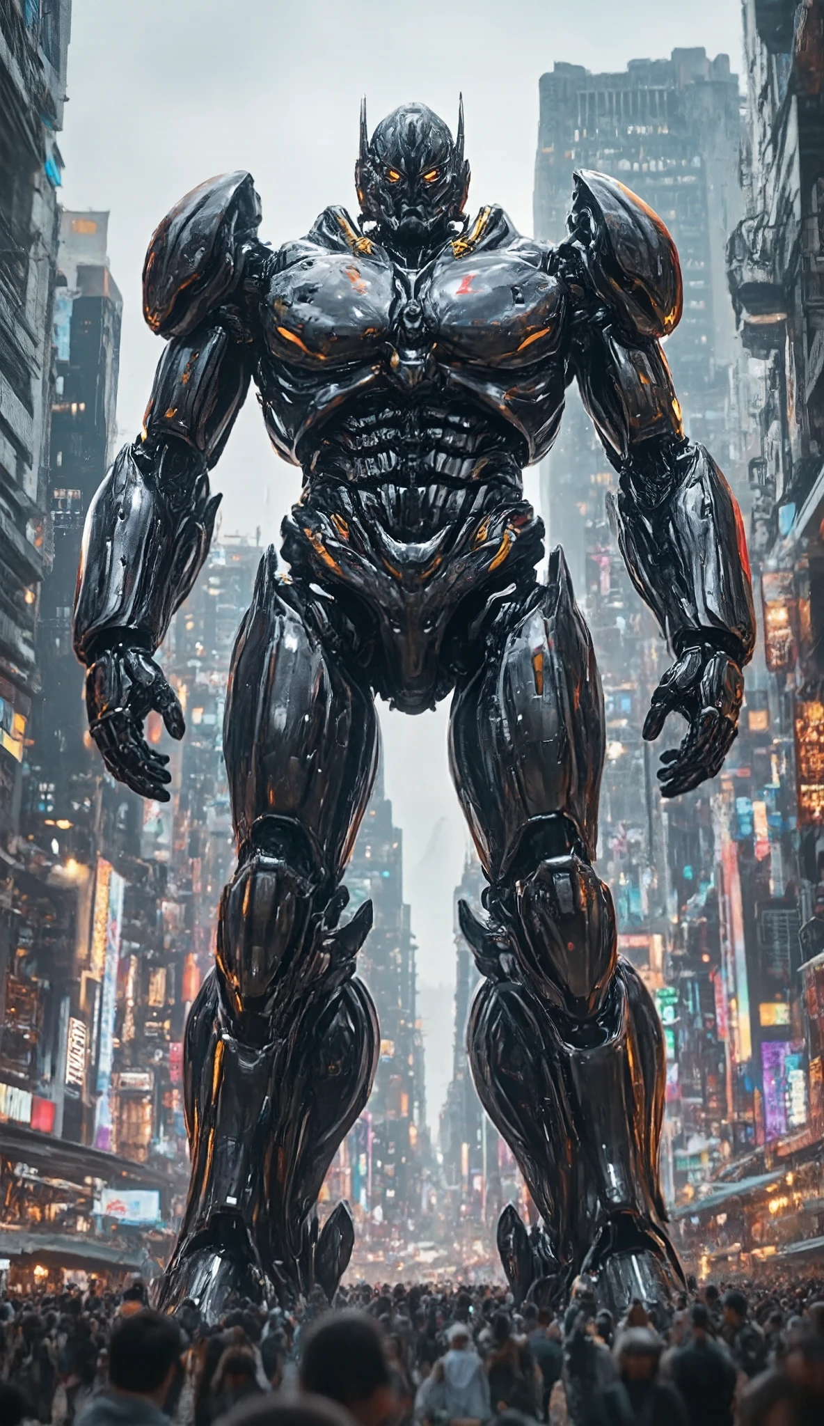 a giant robot in the city, 1 gigantic robot, (city skyline, urban environment, detailed cityscape, towering skyscrapers, bustling streets, crowds of people), (best quality,4k,8K,highres,masterpiece:1.2),ultra-detailed,(realistic, photorealistic , photo-realistic :1.37), cinematic lighting, dramatic shadows, (intricate mechanical details, gleaming metallic surfaces, complex gears and pistons), science fiction, cyberpunk, moody color palette, Neon lights, ( envelopes,4k,8K, High resolution, masterpiece:1.2), ultra Detailed , sharp focus,(realistic, photorealistic , photo-realistic :1.37), very detailed face , extremely detailed facial features ,hyper realistic skin texture, Extremely fine details , intricate details , detailed eyes,Detailed nose,labios detallados, Detailed facial expressions ,Intricate facial anatomy, intense lighting, dramatic lighting, changing lighting , cinematic lighting ,chiaroscuro lighting, dramatic shadows ,dramatic moments, vivid colors,intense colors,Deep contrast, cinematic depth of field , film composition ,cinematic camera angle