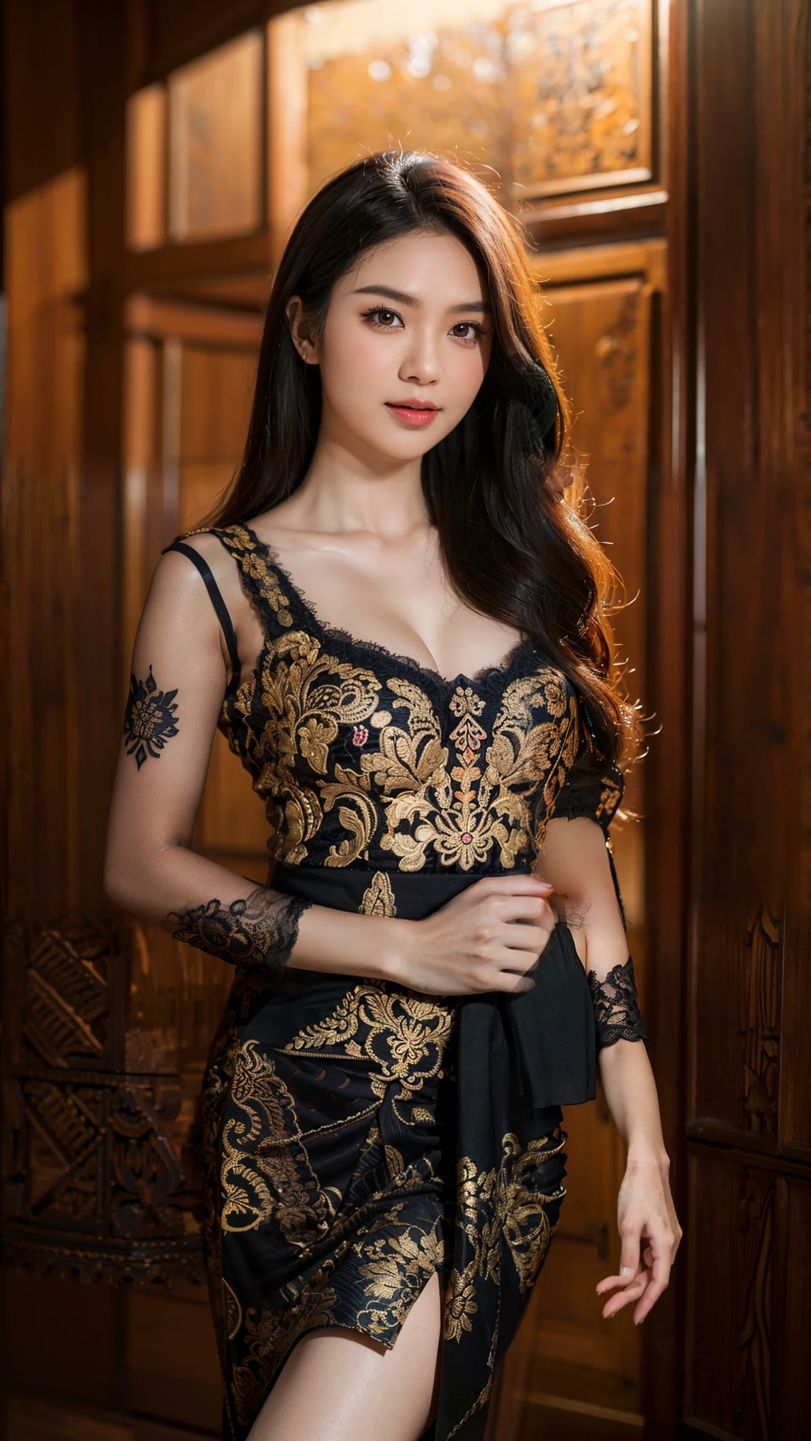 High resolution symmetrical images, Girl and Horihada, Yakuza, Japanese Mafia, Movie photo of Japanese cartel leader with tattoos on waist, chest and arms, Cleavage、(((Full body tattoos)))、 (Lotus tattoo)、 (Close-up chest), Blonde braids, short hair, ((Art Nouveau)), (Ecstasy Face), (Alphonse Mucha), Small earrings, ((on the road, wood, Buildings in medieval Europe)), Angle from below、(Anatomically correct)、（Perfect body proportions)、(Natural Hands、Natural Fingers)、(Breast Goddess, Woman born from flowers, ((Round face)), Realistic Eye Size, Droopy eyes, smile,I&#39;m bathed in dazzling light)))