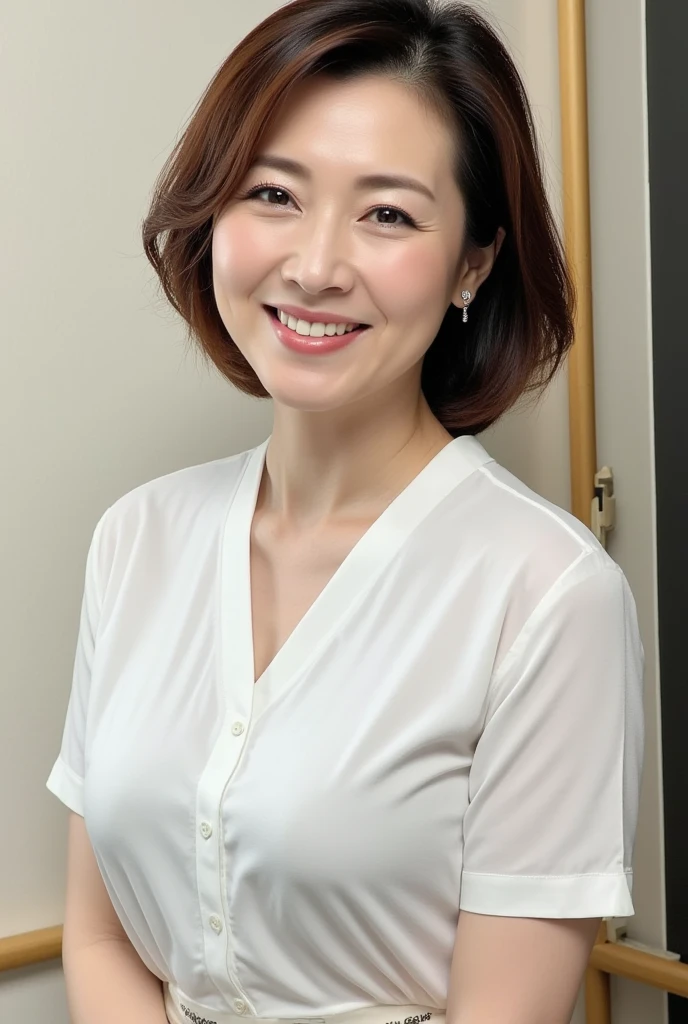 masuter piece, top-quality, masterpiece, hight resolution, Photorealsitic, Raw photography, 8k wallpaper, flawless, profetional lighting, ighly detailed, depth of fields,
Pale solid color background,
((One beautiful woman)), (A Japanese Lady, 40 years), Female sexy, Detailed face, beautidful eyes, bangss, small breasts of good shape, Light Brown Straight Hair, Faint lips, ((Stand forward、Staring at the viewer, serious face eyes.)), White Dress, cowboy shot