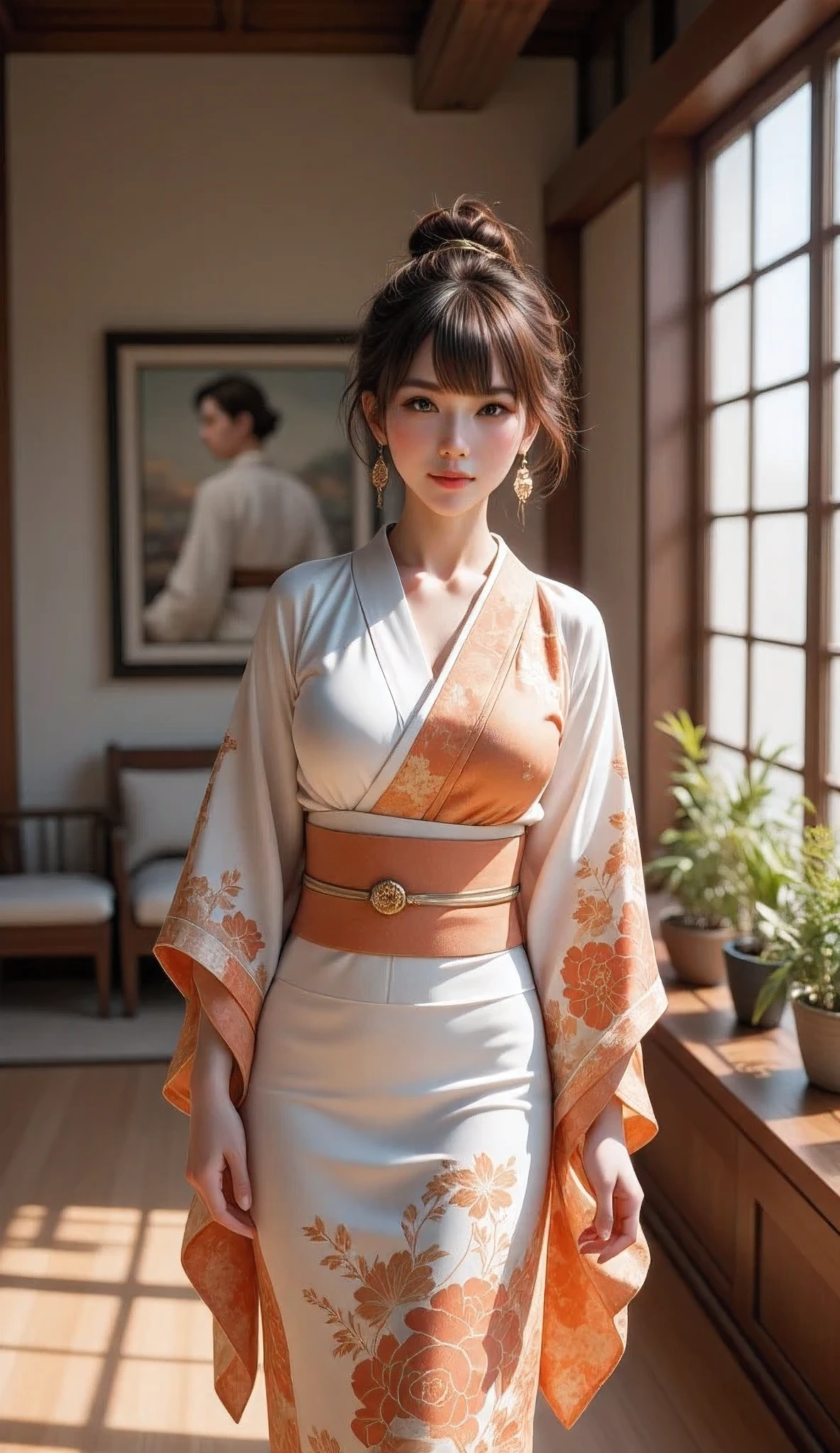 arafed japanese woman in a japanese traditional folk kimono dress standing in a room, wearing ancient chinese clothes, palace ,an oiran, a girl in hanfu, hanfu, traditional chinese clothing, with acient chinese clothes, chinese dress, japanese kimono, chinese costume, traditional beauty, ancient chinese princess, japanese clothes, chinese style, traditional japanese colors, wearing kimono, ancient chinese beauties, Create a prompt that captures the essence of ancient Japan through an artist's interpretation. The scene should feature a photorealistic, well-rounded Japanese female character who embodies vivacity and grace, showcasing her in a traditional silk kimono as she smiles gently. Utilize a wide-angle view to emphasize symmetrical image composition, with a cinematic angle that reveals a beautifully designed ancient oriental interior in the background. Employ soft lighting to enhance the ambiance, ensuring that the character’s shiny hair and lifelike features are depicted with precision. Focus on creating central leading lines that guide the viewer's eye through the depth of the scene, while highlighting the intricate details of both the wardrobe and the environment. Please ensure the artwork reflects an immersive ancient Japan theme, enriched by the textures and vibrancy typical of a MajicMix or silkpunk style, without including any inappropriate elements.Accurate,