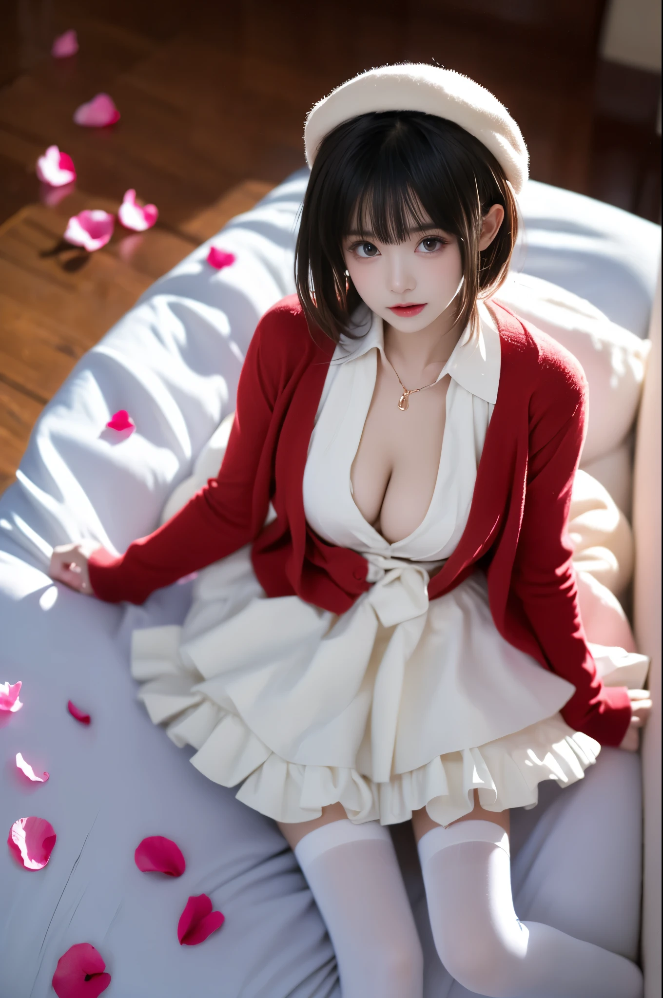 kato megumi, 1girl, solo, katou megumi, cosplay,
white hat,frills thighhighs, dress, cardigan, skirt,long sleeves,blue neck ribbon,beret, headwear, open cardigan,red cardigan, frilled trim, loafers,
short hair, blunt bangs, bob cut,
 ,,(photorealistic:1.2), (from above:1.3), beautiful woman, (Full bust, visible cleavage, very short hemline), (A lot of scattered rose petals, flying petals), fashion model, long legs, laying on luxury bed in classical romantic bedroom, knee bent upward, delicate fingers lifting skirt hem to thigh, (perfect body proportions:1.3), anatomically correct legs, elegant pose, soft ambient lighting, shallow depth of field, 85mm lens, high-end fashion photography, detailed skin texture, fine fabric details, (high quality:1.4), masterpiece, 8k uhd