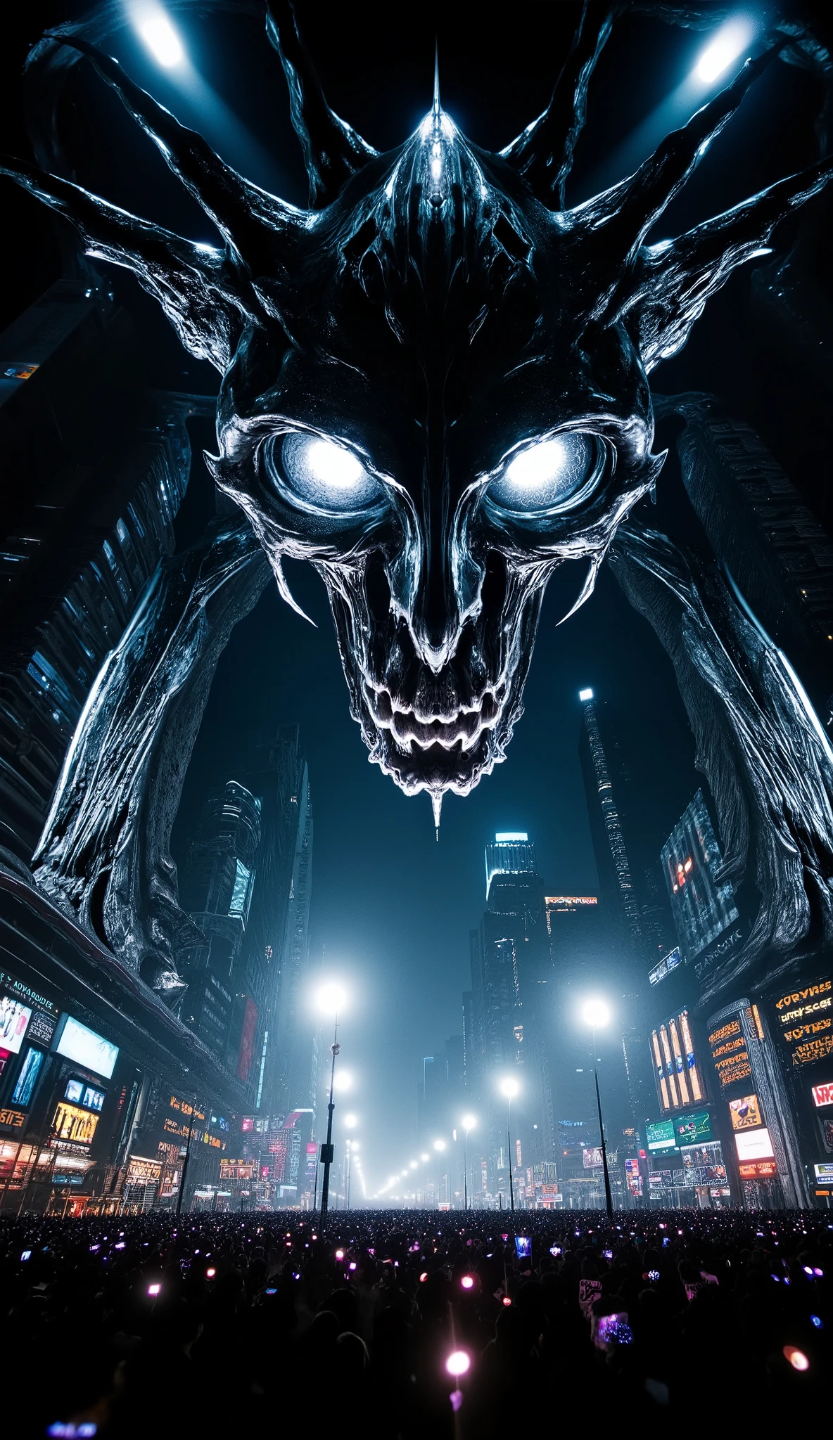  IT'S NIGHT  ,  darkness,  people running , , a giant robot in the city, 1 gigantic robot, (city skyline, urban environment, detailed cityscape, towering skyscrapers, bustling streets, crowds of people), (best quality,4k,8K,highres,masterpiece:1.2),ultra-detailed,(realistic, photorealistic , photo-realistic :1.37), cinematic lighting, dramatic shadows, (intricate mechanical details, gleaming metallic surfaces, complex gears and pistons), science fiction, cyberpunk, moody color palette, Neon lights, ( envelopes,4k,8K, High resolution, masterpiece:1.2), ultra Detailed , sharp focus,(realistic, photorealistic , photo-realistic :1.37), very detailed face , extremely detailed facial features ,hyper realistic skin texture, Extremely fine details , intricate details ,  detailed eyes,Detailed nose,labios detallados, Detailed facial expressions ,Intricate facial anatomy, intense lighting,  dramatic lighting, changing lighting , cinematic lighting ,chiaroscuro lighting, dramatic shadows ,dramatic moments, vivid colors,intense colors,Deep contrast, cinematic depth of field , film composition ,cinematic camera angle, full body shot,