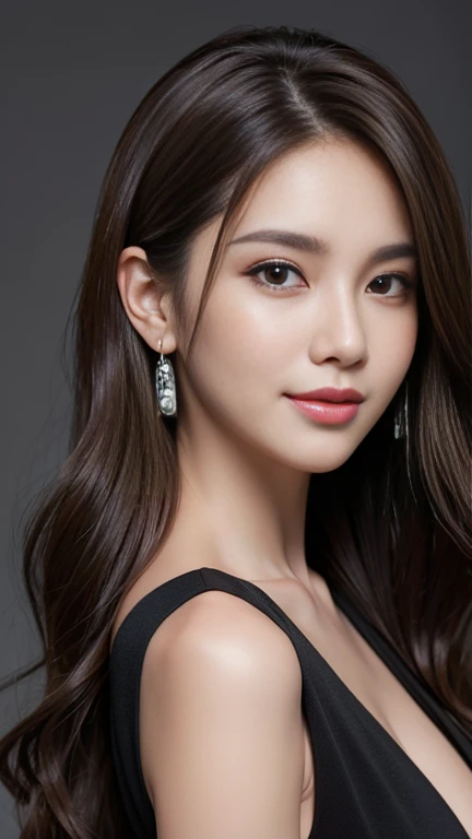 (Photoreal Stick:1.5, masutepiece:1.5, 8K), (top-quality, ​masterpiece, 超A high resolution), ((Face Sharp Focus)), Professional camera work, Highly detailed skin and facial texture:1.3,, Grow Light Effect, The ultra-detailliert, 1girl in, Fair skin, (Sense of clarity:1.5), Extremely beautiful face:1.3, Sense of clarityを感じる目:0.9, Enraptured look:1.0, i love you completely:0.8, slightly open mouth, Kamimei, Sense of clarityを感じる口当たり:0.7, Dark brown medium hair, necklace and earrings, looking at viewert