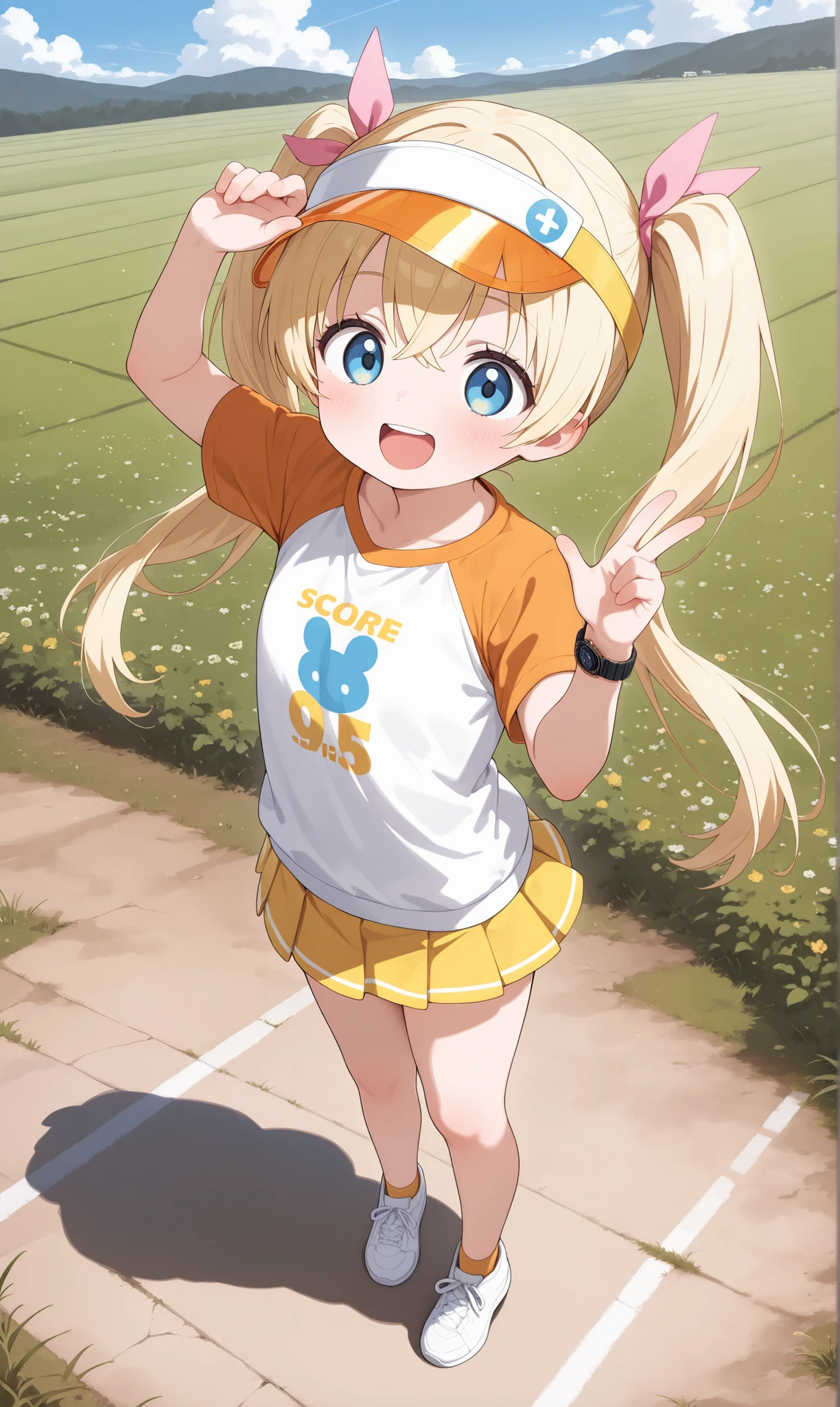  ((( 1 girl、、 No One in the Background ))),  full body、 long hair,  Double Bang ,  twin tails,  visor cap, blue eyes,, clavicle,  pink ribbon ,  shirt,  Raglan Sleeves,  watch ,,  yellow miniskirt , , Field, Outdoors, smile,  open your mouth,,