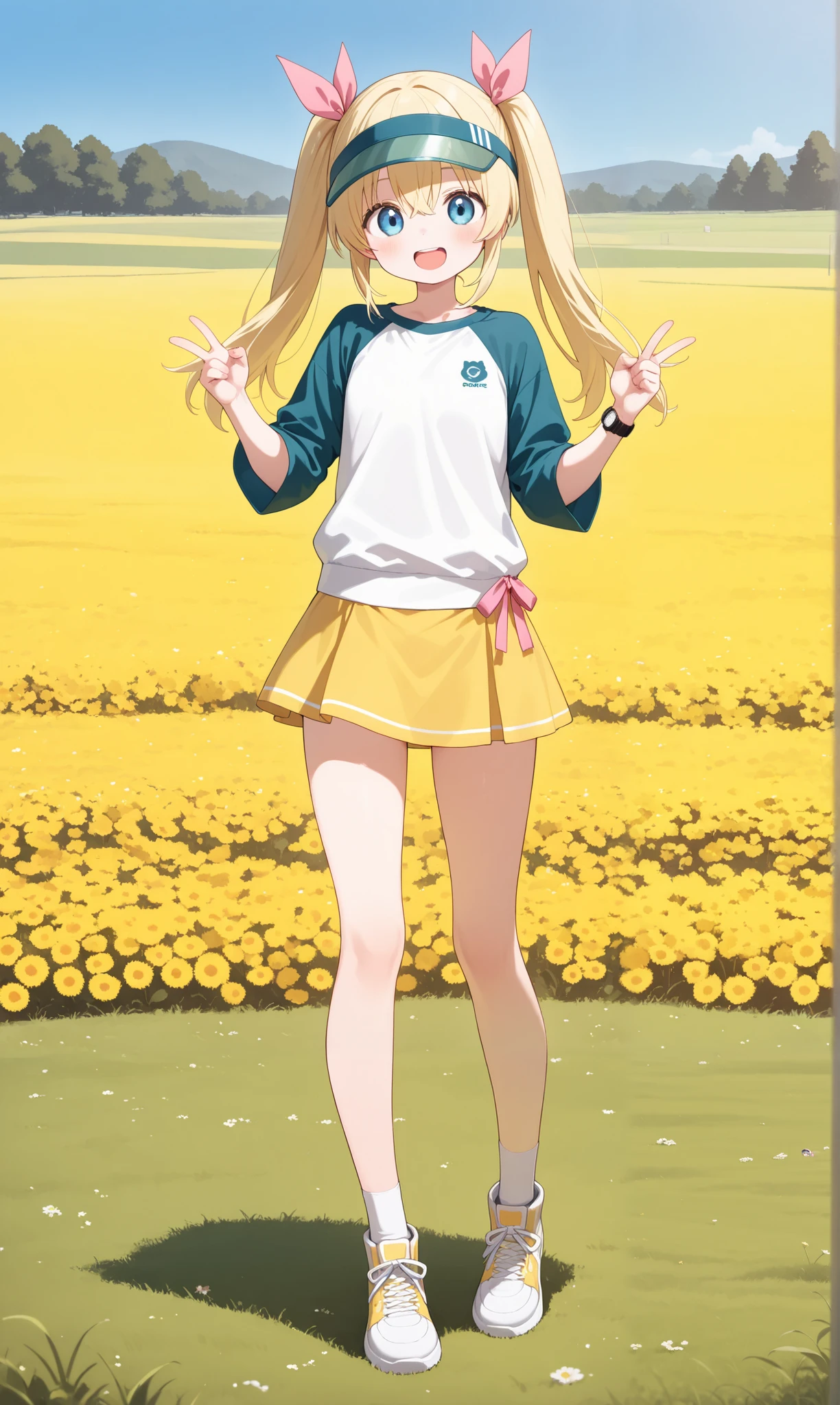  ((( 1 girl、、 No One in the Background ))),  full body、 long hair,  Double Bang ,  twin tails,  visor cap, blue eyes,, clavicle,  pink ribbon ,  shirt,  Raglan Sleeves,  watch ,,  yellow miniskirt , , Field, Outdoors, smile,  open your mouth,,