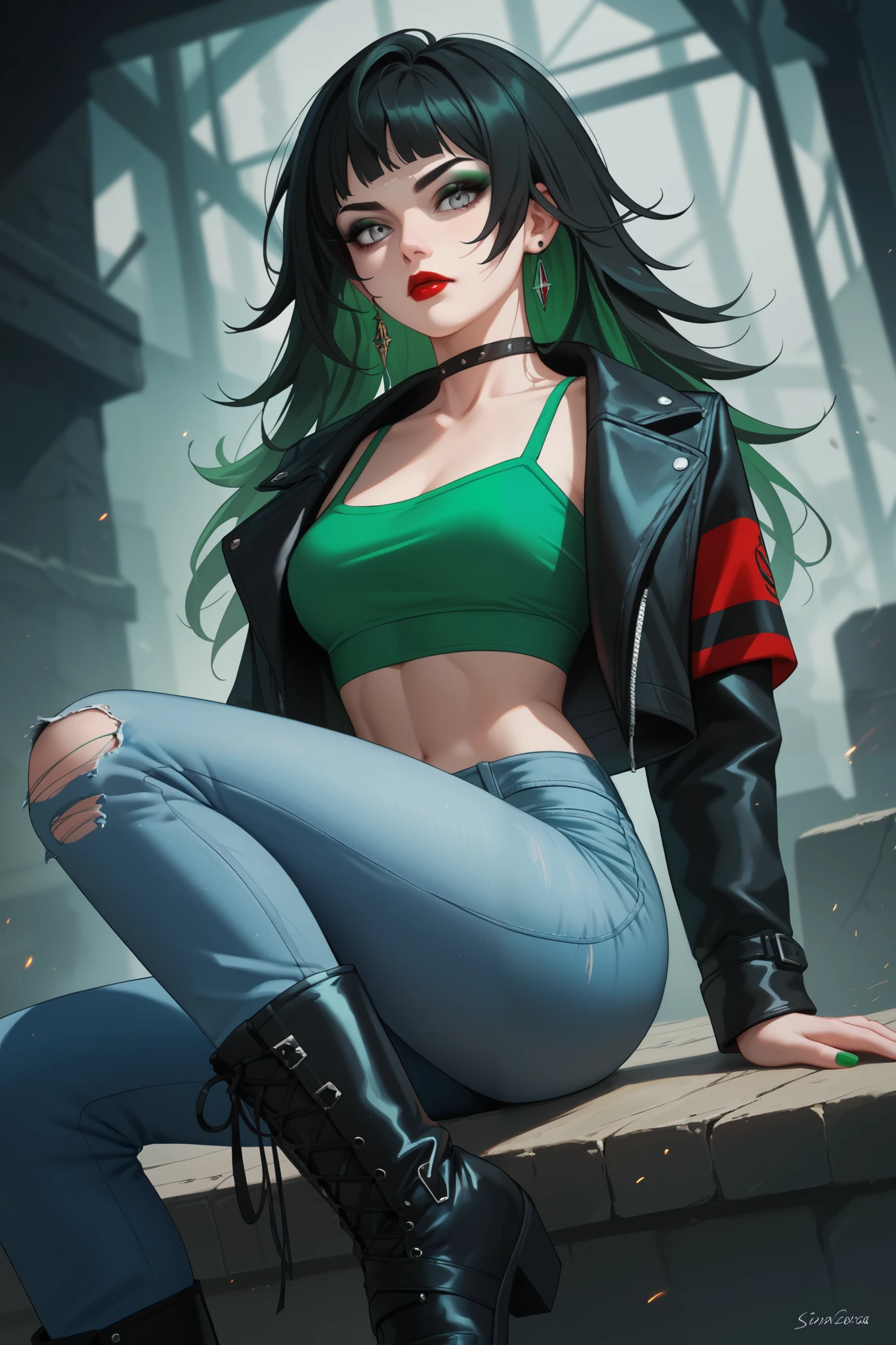 a close up of a woman in a green skirt and black jacket, ig model | artgerm, artwork in the style of guweiz, style artgerm, anime style 4 k, ross tran style, style of artgerm, extremely detailed artgerm, rossdraws digital painting, in the style of ross tran, rossdraws 1. 0
