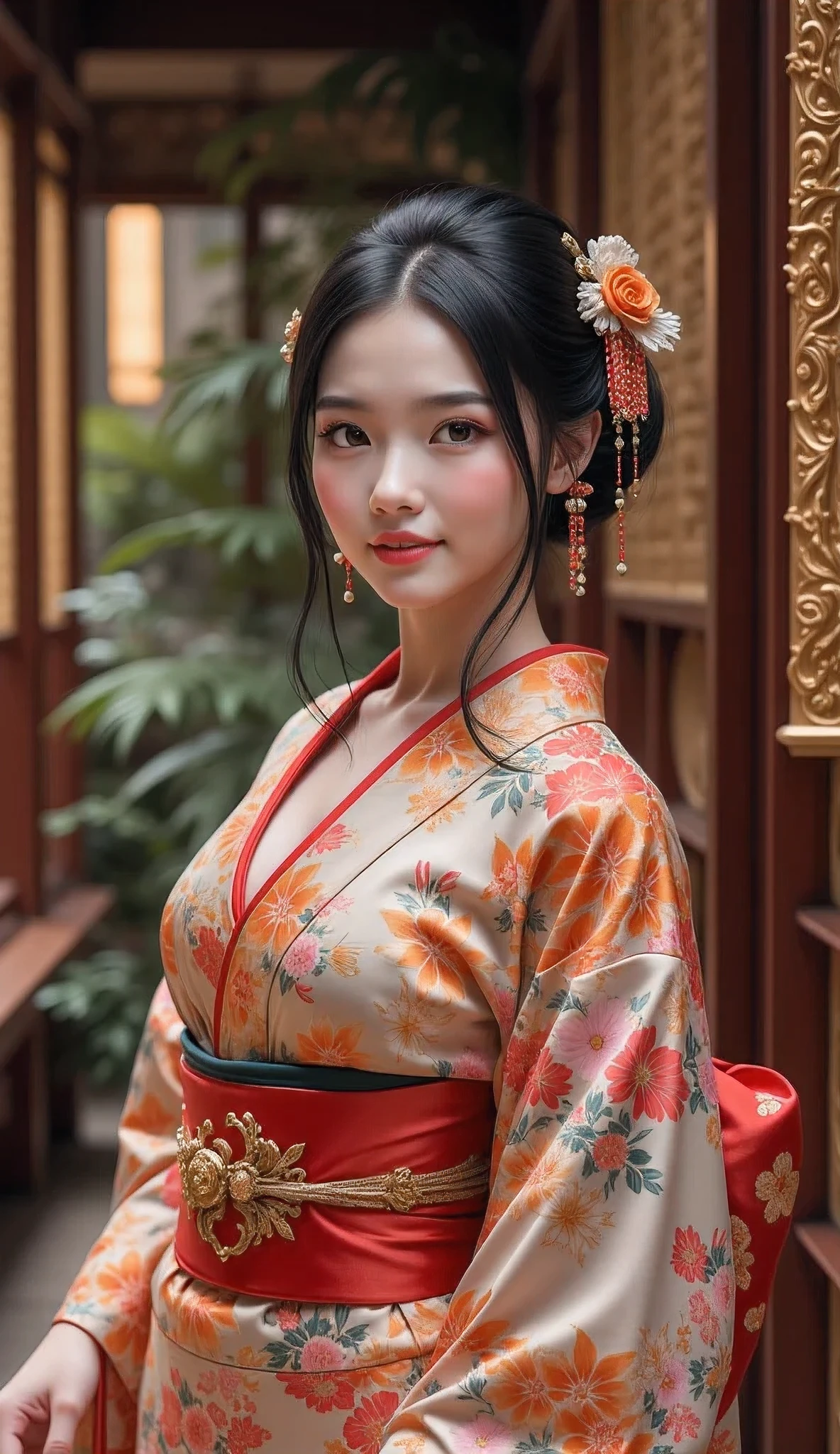 arafed japanese woman in a japanese traditional folk kimono dress standing in a room, wearing ancient chinese clothes, palace ,an oiran, a girl in hanfu, hanfu, traditional chinese clothing, with acient chinese clothes, chinese dress, japanese kimono, chinese costume, traditional beauty, ancient chinese princess, japanese clothes, chinese style, traditional japanese colors, wearing kimono, ancient chinese beauties, Create a prompt that captures the essence of ancient Japan through an artist's interpretation. The scene should feature a photorealistic, well-rounded Japanese female character who embodies vivacity and grace, showcasing her in a traditional silk kimono as she smiles gently. Utilize a wide-angle view to emphasize symmetrical image composition, with a cinematic angle that reveals a beautifully designed ancient oriental interior in the background. Employ soft lighting to enhance the ambiance, ensuring that the character’s shiny hair and lifelike features are depicted with precision. Focus on creating central leading lines that guide the viewer's eye through the depth of the scene, while highlighting the intricate details of both the wardrobe and the environment. Please ensure the artwork reflects an immersive ancient Japan theme, enriched by the textures and vibrancy typical of a MajicMix or silkpunk style, without including any inappropriate elements.Accurate,