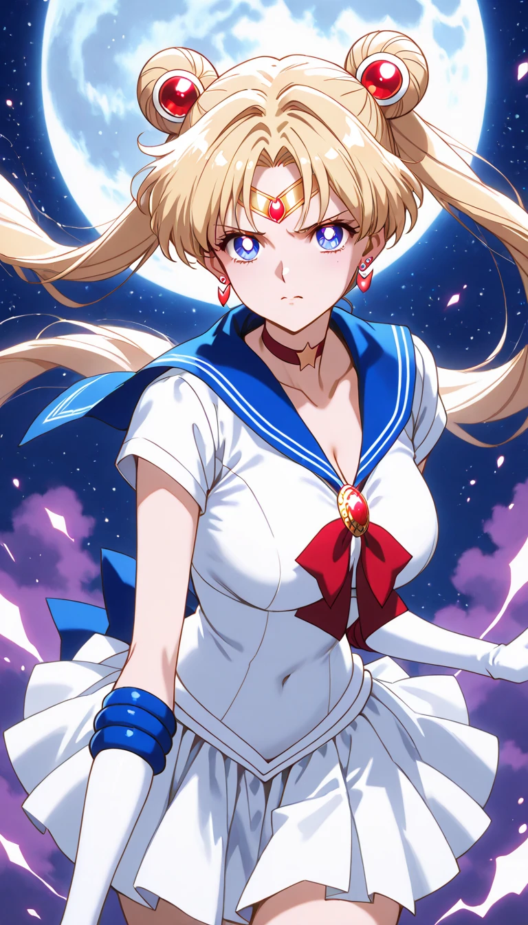 Masterpiece, best quality , Alone, Sailor Moon characters Blonde Fully clothed big breast No. action pose serious expression knight knight 空 full moon