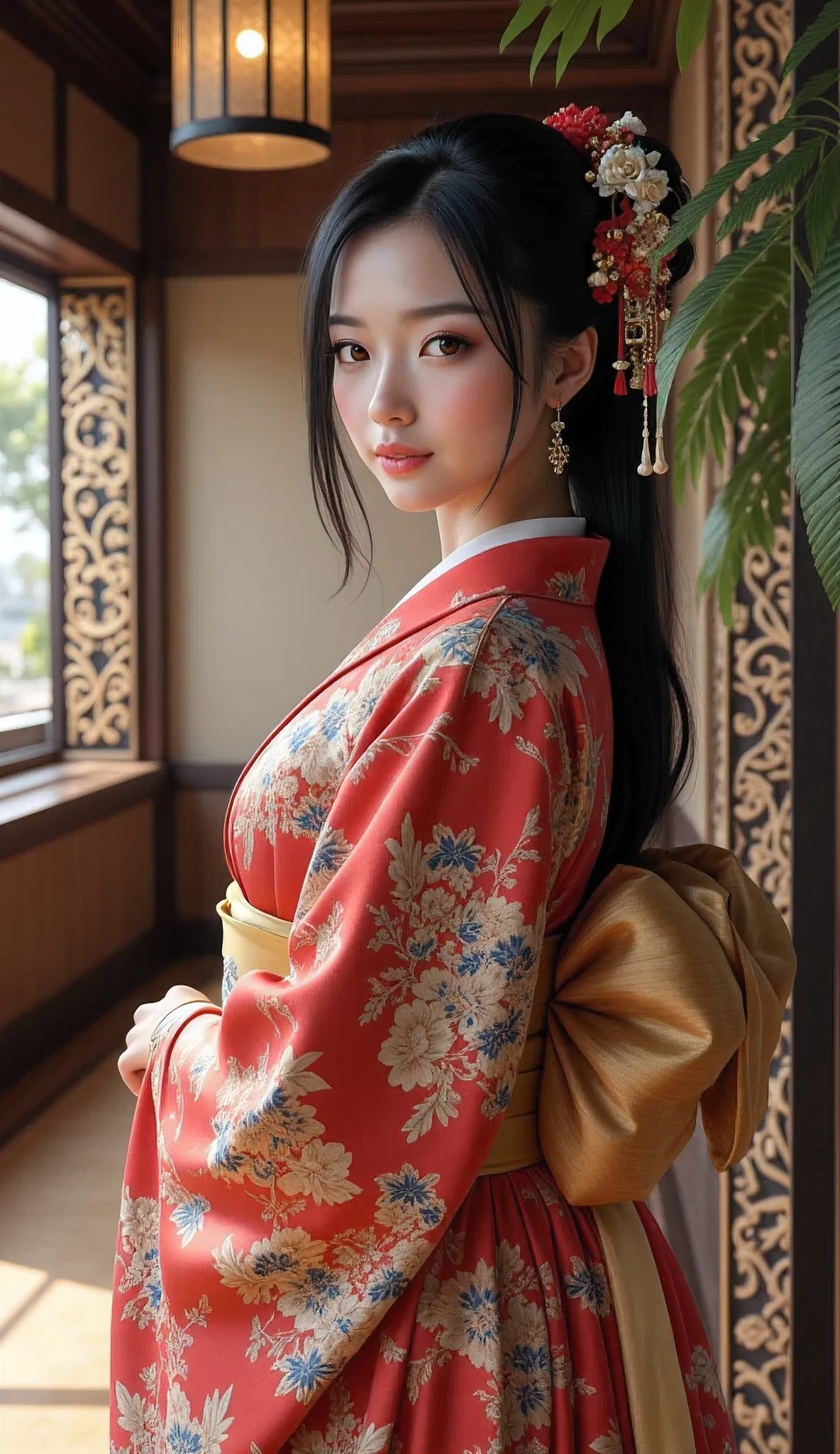 arafed japanese woman in a japanese traditional folk kimono dress standing in a room, wearing ancient chinese clothes, palace ,an oiran, a girl in hanfu, hanfu, traditional chinese clothing, with acient chinese clothes, chinese dress, japanese kimono, chinese costume, traditional beauty, ancient chinese princess, japanese clothes, chinese style, traditional japanese colors, wearing kimono, ancient chinese beauties, Create a prompt that captures the essence of ancient Japan through an artist's interpretation. The scene should feature a photorealistic, well-rounded Japanese female character who embodies vivacity and grace, showcasing her in a traditional silk kimono as she smiles gently. Utilize a wide-angle view to emphasize symmetrical image composition, with a cinematic angle that reveals a beautifully designed ancient oriental interior in the background. Employ soft lighting to enhance the ambiance, ensuring that the character’s shiny hair and lifelike features are depicted with precision. Focus on creating central leading lines that guide the viewer's eye through the depth of the scene, while highlighting the intricate details of both the wardrobe and the environment. Please ensure the artwork reflects an immersive ancient Japan theme, enriched by the textures and vibrancy typical of a MajicMix or silkpunk style, without including any inappropriate elements.Accurate,