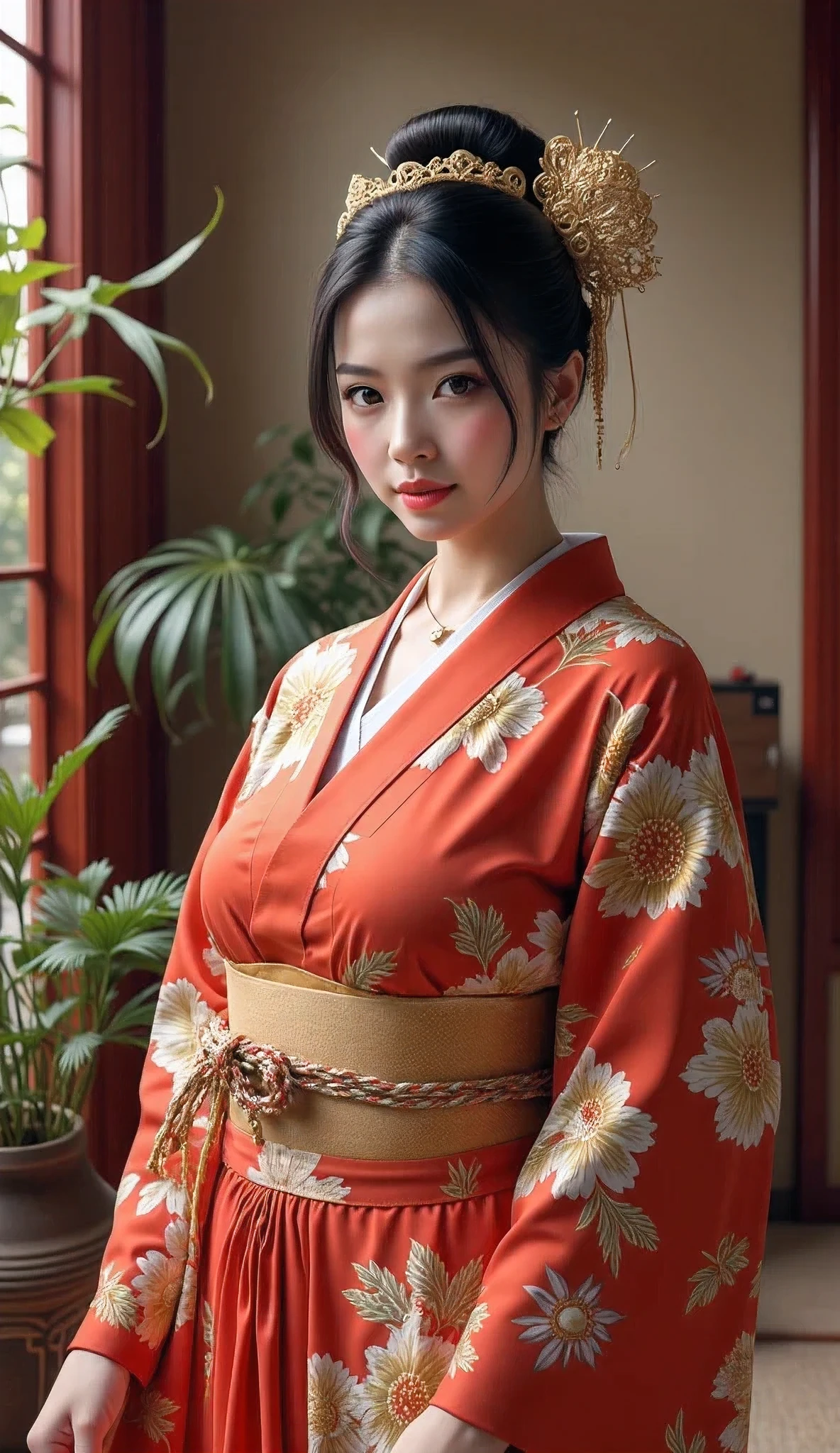 arafed japanese woman in a japanese traditional folk kimono dress standing in a room, wearing ancient chinese clothes, palace ,an oiran, a girl in hanfu, hanfu, traditional chinese clothing, with acient chinese clothes, chinese dress, japanese kimono, chinese costume, traditional beauty, ancient chinese princess, japanese clothes, chinese style, traditional japanese colors, wearing kimono, ancient chinese beauties, Create a prompt that captures the essence of ancient Japan through an artist's interpretation. The scene should feature a photorealistic, well-rounded Japanese female character who embodies vivacity and grace, showcasing her in a traditional silk kimono as she smiles gently. Utilize a wide-angle view to emphasize symmetrical image composition, with a cinematic angle that reveals a beautifully designed ancient oriental interior in the background. Employ soft lighting to enhance the ambiance, ensuring that the character’s shiny hair and lifelike features are depicted with precision. Focus on creating central leading lines that guide the viewer's eye through the depth of the scene, while highlighting the intricate details of both the wardrobe and the environment. Please ensure the artwork reflects an immersive ancient Japan theme, enriched by the textures and vibrancy typical of a MajicMix or silkpunk style, without including any inappropriate elements.Accurate,