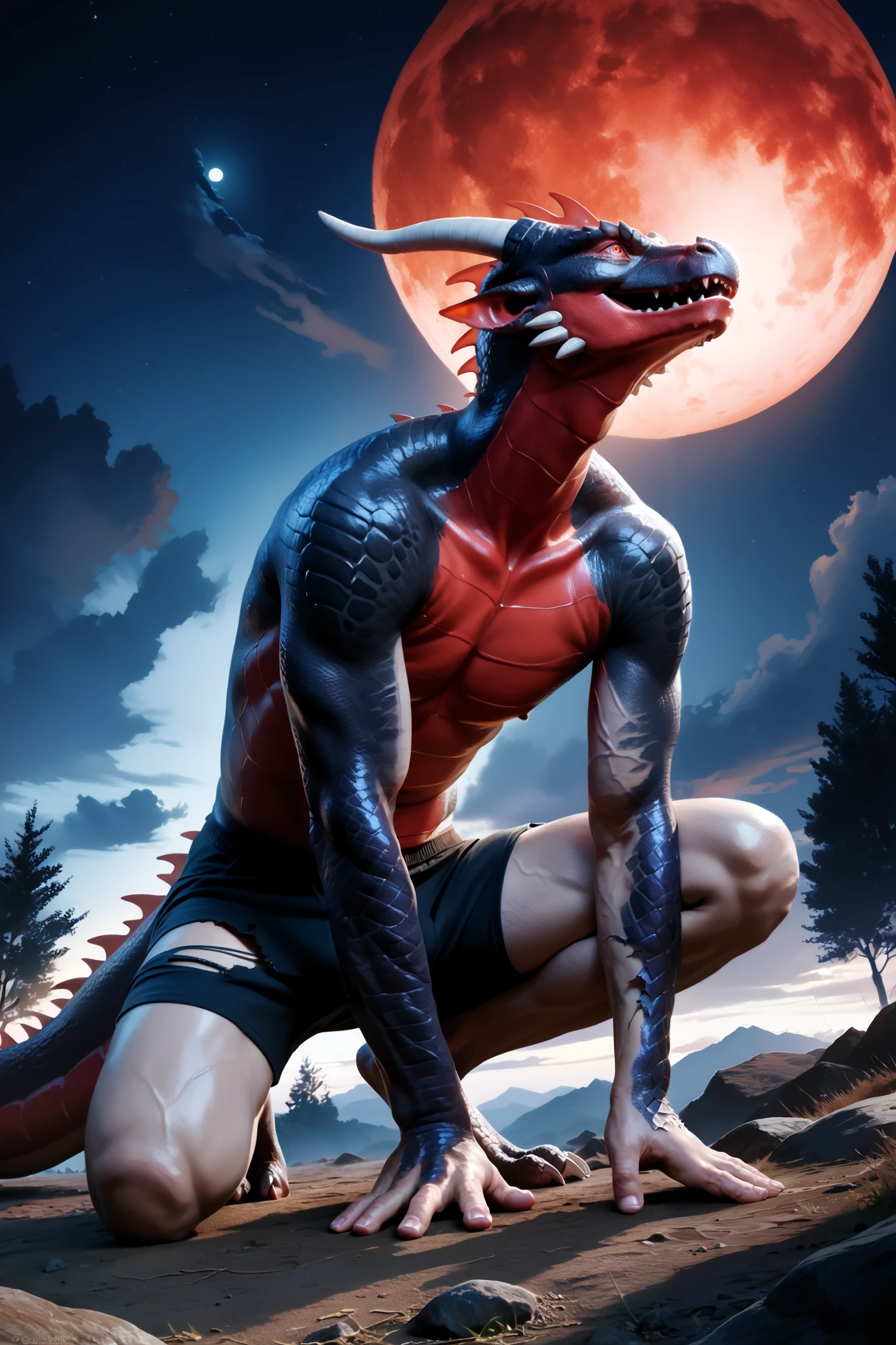 transformation, mid transformation, human to anthro, TF, anthro, dragon, black body, dragon eyes, outdoor, night, red moon, haze, torn black boxer shorts, Japanese men, Veins are bulging, Both knees are on the ground, twitching slightly with pleasure, Ogazumu, convulsions, (drop onto knees), (look up to the sky), detaled background, 8K, best quality, score 9, score 8 up, male, (realistic:1.5), solo,