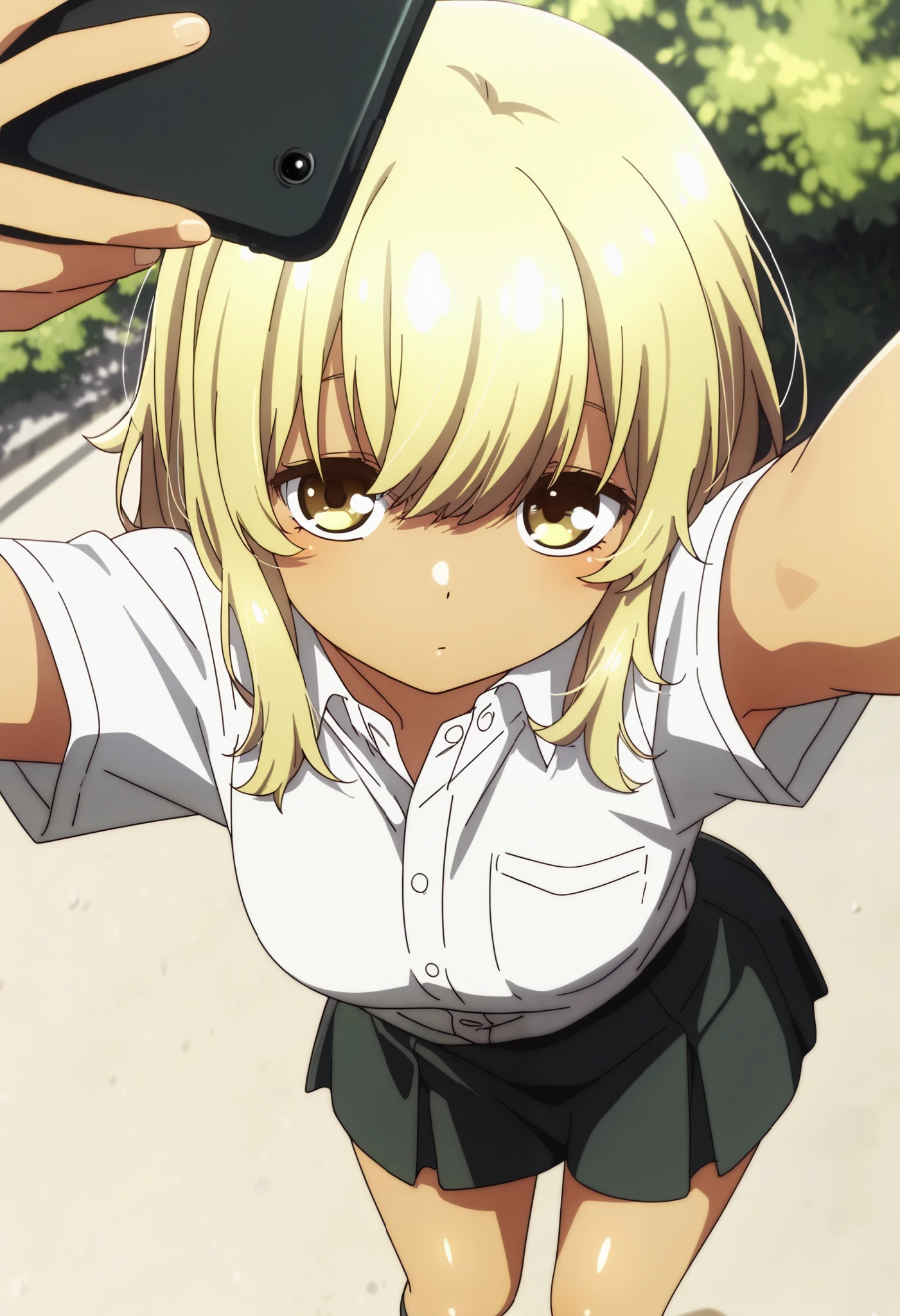 School uniform, short sleeve ,1girl, solo,from the viewer's perspective,Very cute,small breasts,, one woman , Original style, Very high quality, soft to the touch, beautiful,super detailed skin, high resolution, novel illustration, shiny skin,dynamic pose,defenseless, very sensual,higa kana, Blonde hair, tanned skin, His shirt is open, About to take it off, I can see the side, show one's side, armpit, selfie, outdoor