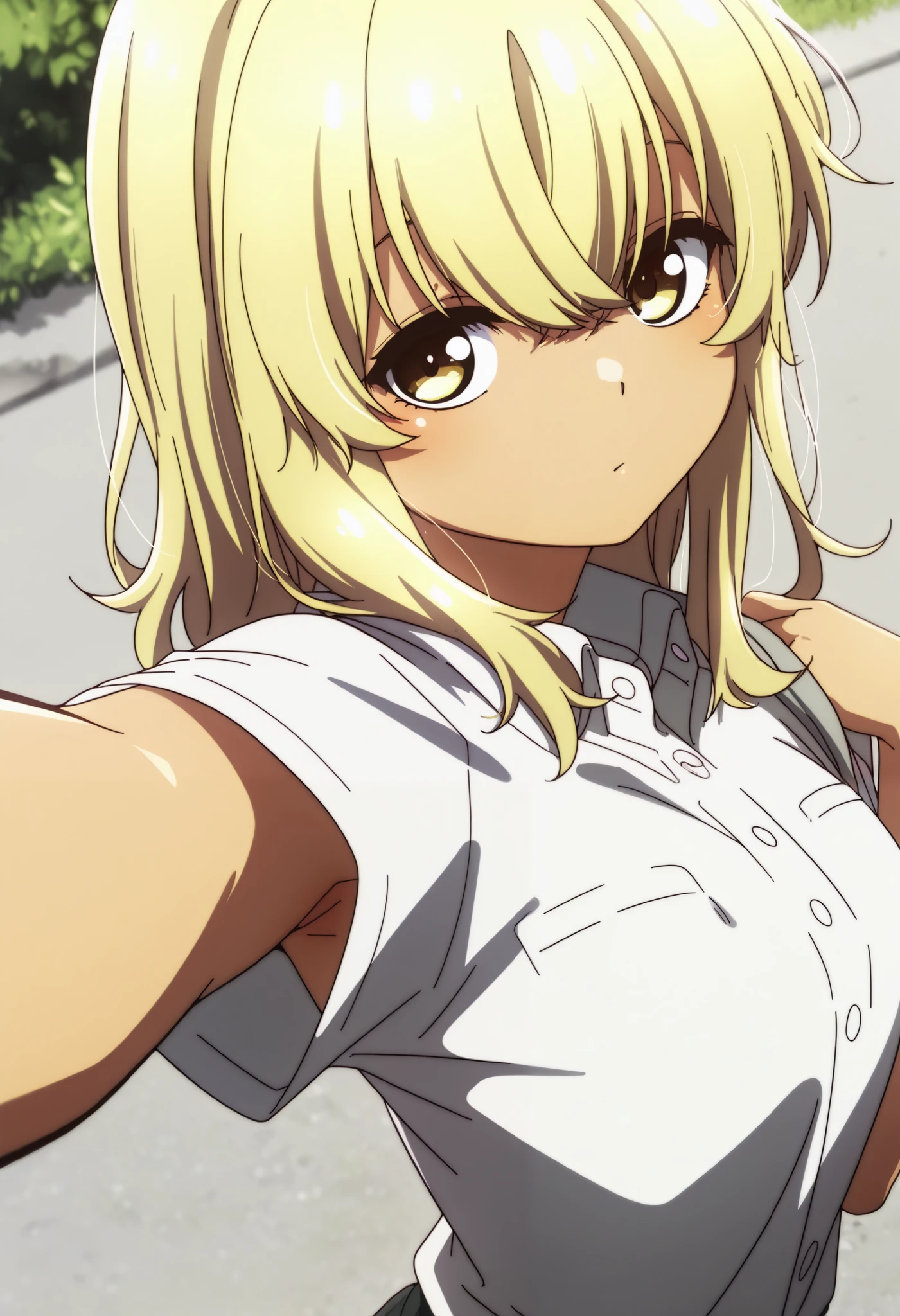 School uniform, short sleeve ,1girl, solo,from the viewer's perspective,Very cute,small breasts,, one woman , Original style, Very high quality, soft to the touch, beautiful,super detailed skin, high resolution, novel illustration, shiny skin,dynamic pose,defenseless, very sensual,higa kana, Blonde hair, tanned skin, His shirt is open, About to take it off, I can see the side, show one's side, armpit, selfie, outdoor