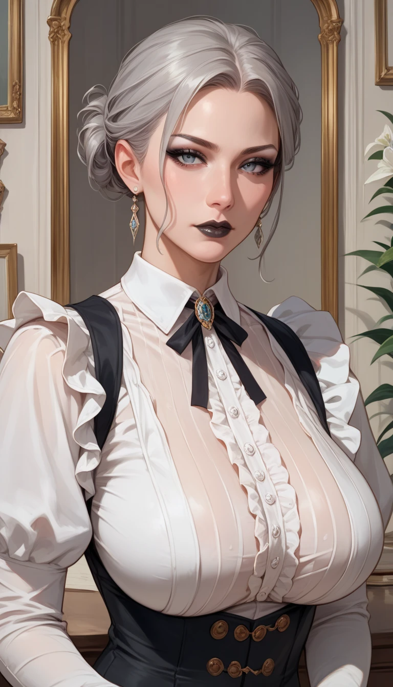 1girl, solo, maid with apron, medium breast hold, breasts, heart brooch necklace, closed mouth, crossed arms