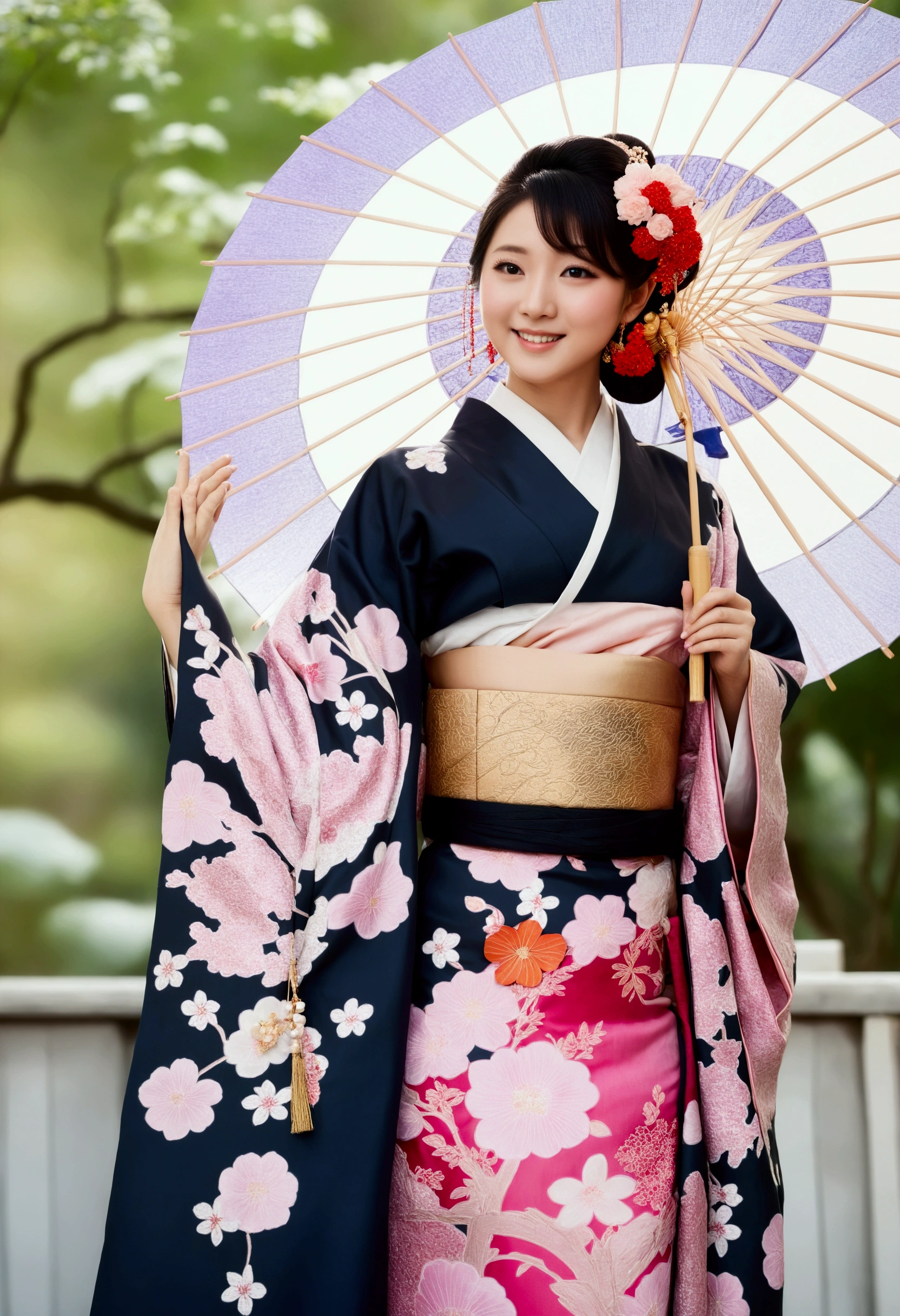 araffe dressed in a kimono with a flowered umbrella, in kimono, japanese kimono, kimono, yukata clothing, japaneese style, wearing royal kimono, wearing kimono, classy yukata clothing, traditional japanese, wearing a kimono, hakama kimono, japanese clothes, japanese model, in a kimono, traditional geisha clothing, japanese style, classic kimono, arafed japanese woman in a japanese traditional folk kimono dress standing in a room, wearing ancient chinese clothes, palace ,an oiran, a girl in hanfu, hanfu, traditional chinese clothing, with acient chinese clothes, chinese dress, japanese kimono, chinese costume, traditional beauty, ancient chinese princess, japanese clothes, chinese style, traditional japanese colors, wearing kimono, ancient chinese beauties, Create a prompt that captures the essence of ancient Japan through an artist's interpretation. The scene should feature a photorealistic, well-rounded Japanese female character who embodies vivacity and grace, showcasing her in a traditional silk kimono as she smiles gently. Utilize a wide-angle view to emphasize symmetrical image composition, with a cinematic angle that reveals a beautifully designed ancient oriental interior in the background. Employ soft lighting to enhance the ambiance, ensuring that the character’s shiny hair and lifelike features are depicted with precision. Focus on creating central leading lines that guide the viewer's eye through the depth of the scene, while highlighting the intricate details of both the wardrobe and the environment. Please ensure the artwork reflects an immersive ancient Japan theme, enriched by the textures and vibrancy typical of a MajicMix or silkpunk style, without including any inappropriate elements.Accurate,