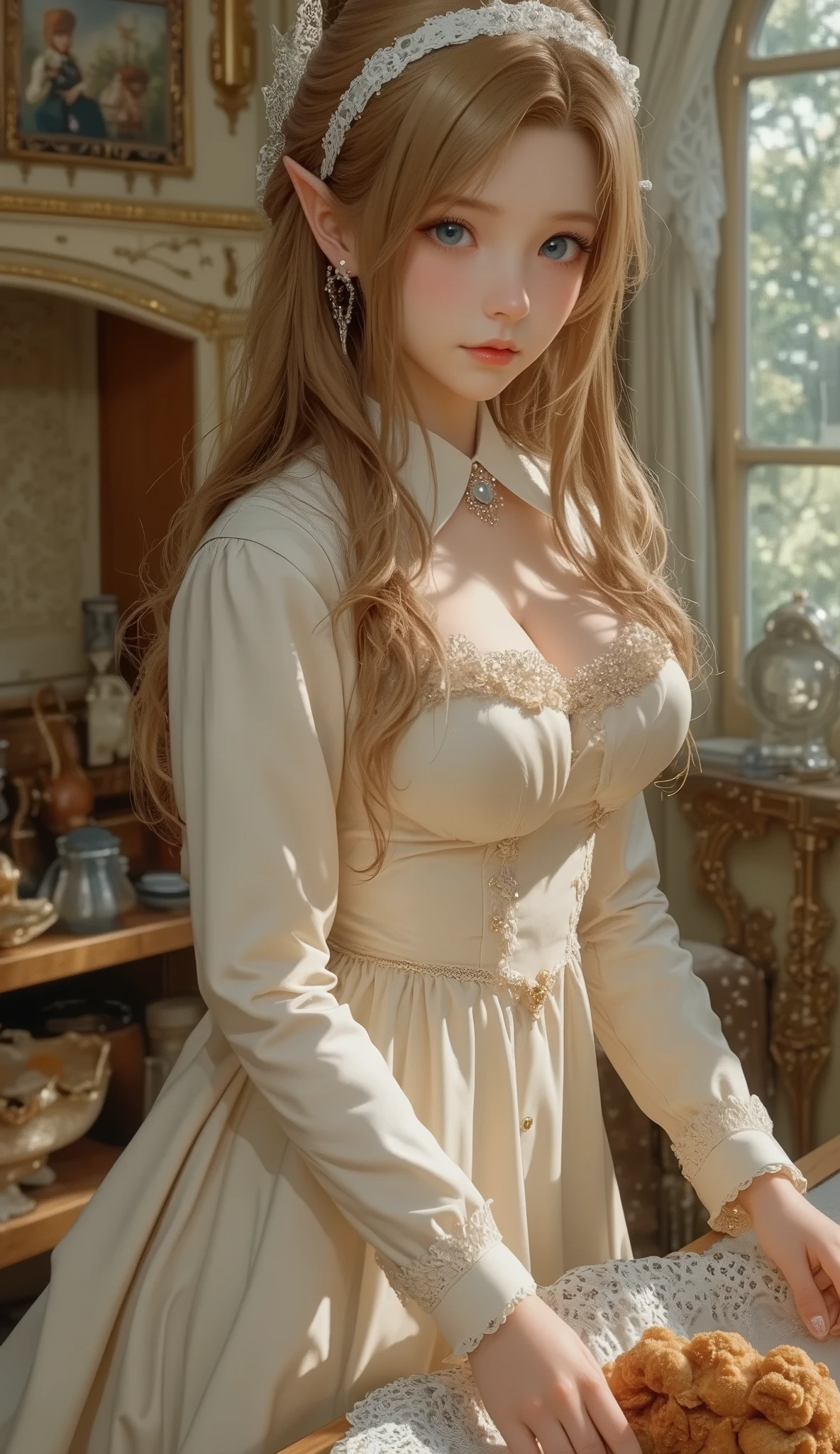 1girl,huge breast, cream hair, yellow eyes, high quality, ultra detailed, masterpiece, realistic, white home dress,twin bun hair