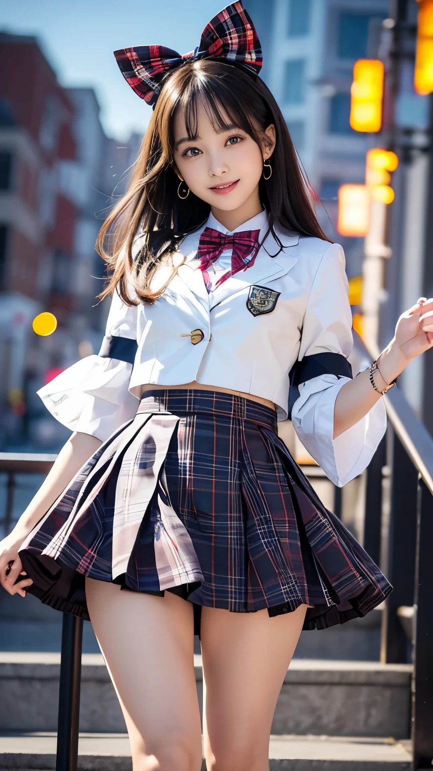 (Girl Standing On School Steps),(surreal)、(enlightenment)、(High resolution)、(8K)、(very detailed)、(best illustrations)、(beautiful detailed eyes)、(highest quality)、(super detailed)、(masterpiece)、(wall-)、(detailed face)、solo、1 girl、looking at the viewer、Detailed、detailed face、in the dark night、deep shadow、low key、Pure erotic face ace_V1、laughter、length、black shawl straight hair、46 point diagonal bangs,female student、(white blazer,emblem on the chest)、white blouse、red bow tie、(bright colored mini skirt,plaid)、laughter,((My skirt flies up in the wind)),plump sleeves、wrist cuffs、grab the skirt、self lift:1.3),mix4、(Colorful panties are visible under the skirt),((smile))