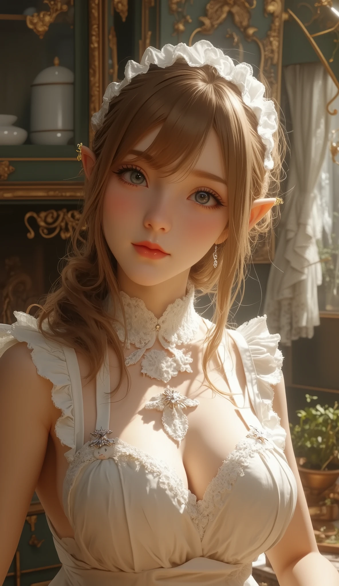 (masterpiece), best quality, (DYNAMIC light), dynamic angle,
very high quality artwork,
((best quality)),incredibly absurd,depth of field,
((high resolution)),((masterpiece)),(ultra-detailed),
((an extremely delicate and beautiful one)),
1 young elf slave, beautiful young elf, 17 years old,
bright aqua eyes, terrified expressive eyes
bright, scared look,
long messy blonde hair,
elf ears, slave collar,
chain leash,
medium breasts, mini dress
tight, dirty, torn, beige,
long blonde hair, unkempt,
medium breasts, cleavage, beautiful detailed body,
dungeon, night background, night, looking
to the viewer. sleeveless,
cinematic lighting.