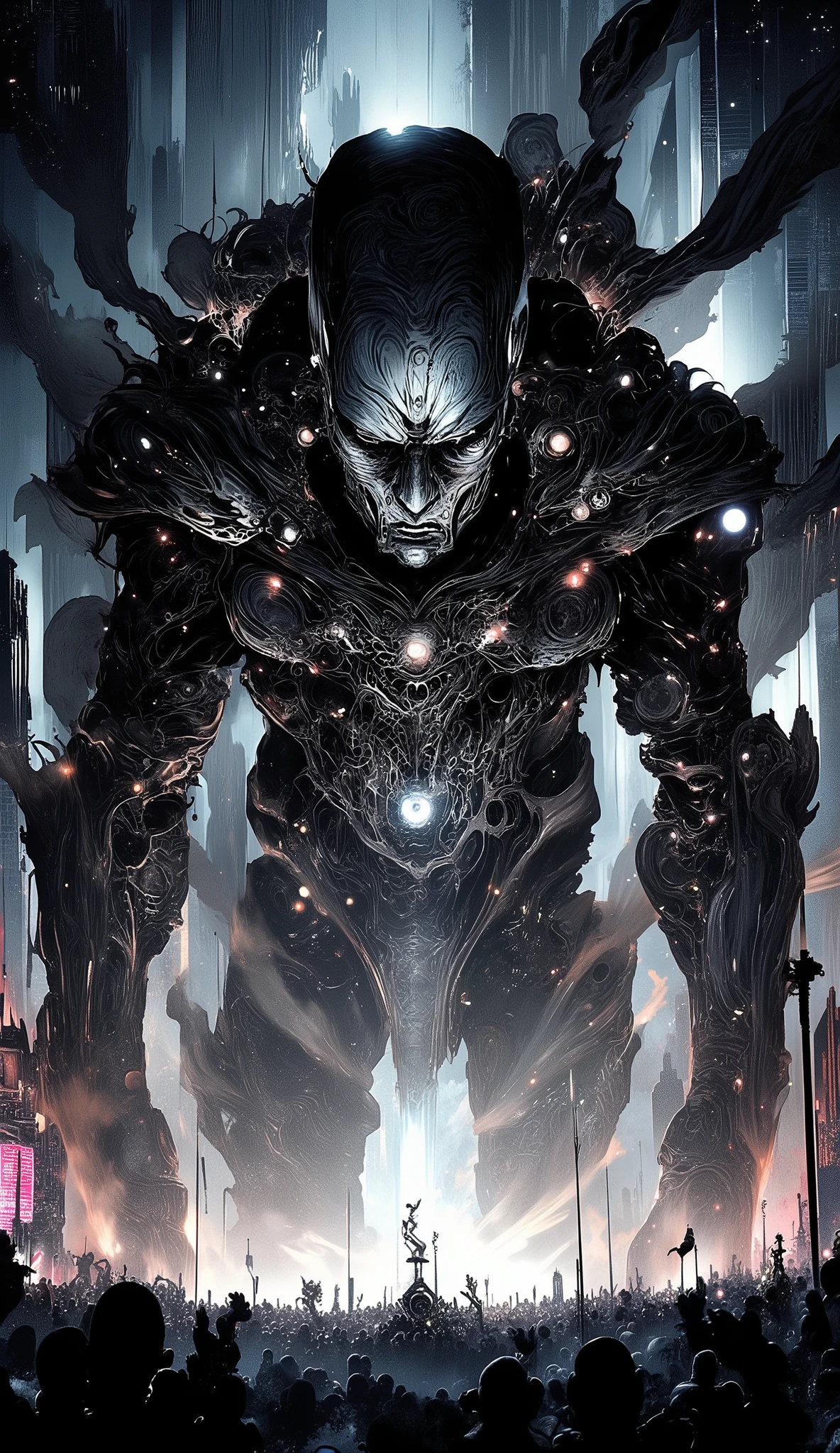 IT'S NIGHT , darkness, people running , , a giant robot in the city:1.5, 1 gigantic robot, (city skyline, urban environment, detailed cityscape, towering skyscrapers, bustling streets, crowds of people), (best quality,4k,8K,highres,masterpiece:1.2),ultra-detailed,(realistic, photorealistic , photo-realistic :1.37), cinematic lighting, dramatic shadows, (intricate mechanical details, gleaming metallic surfaces, complex gears and pistons), science fiction, cyberpunk, moody color palette, Neon lights, ( envelopes,4k,8K, High resolution, masterpiece:1.2), ultra Detailed , sharp focus,(realistic, photorealistic , photo-realistic :1.37), very detailed face , extremely detailed facial features ,hyper realistic skin texture, Extremely fine details , intricate details , detailed eyes,Detailed nose,labios detallados, Detailed facial expressions ,Intricate facial anatomy, intense lighting, dramatic lighting, changing lighting , cinematic lighting ,chiaroscuro lighting, dramatic shadows ,dramatic moments, vivid colors,intense colors,Deep contrast, cinematic depth of field , film composition ,cinematic camera angle, full body shot,