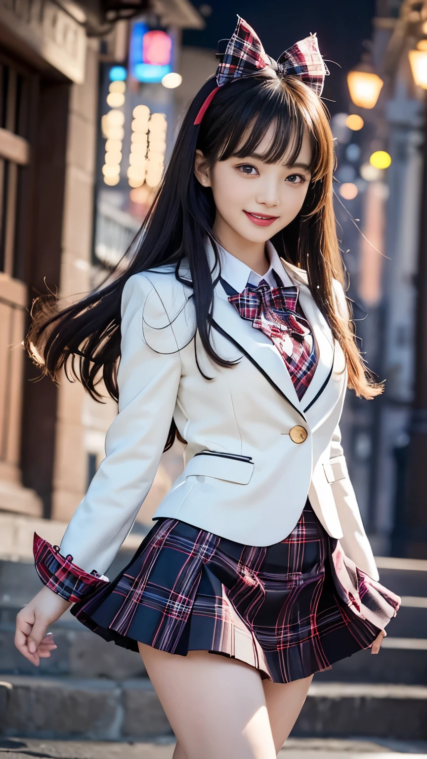 (Girl Standing On School Steps),(surreal)、(enlightenment)、(High resolution)、(8K)、(very detailed)、(best illustrations)、(beautiful detailed eyes)、(highest quality)、(super detailed)、(masterpiece)、(wall-)、(detailed face)、solo、1 girl、looking at the viewer、Detailed、detailed face、in the dark night、deep shadow、low key、Pure erotic face ace_V1、laughter、length、black shawl straight hair、46 point diagonal bangs,female student、(white blazer,emblem on the chest)、white blouse、red bow tie、(bright colored mini skirt,plaid)、laughter,((My skirt flies up in the wind)),plump sleeves、wrist cuffs、grab the skirt、self lift:1.3),mix4、(Colorful panties are visible under the skirt),((smile))