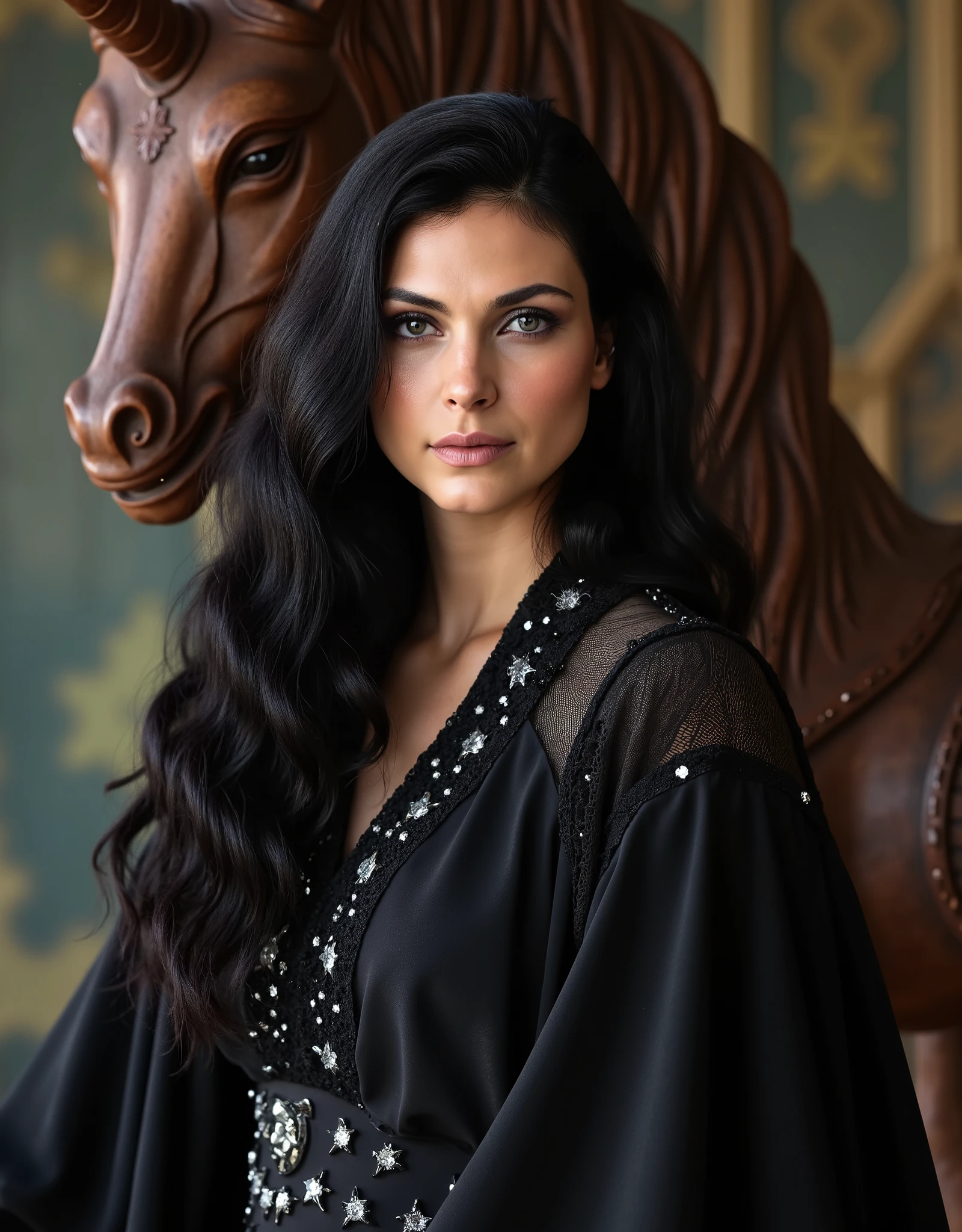 Yennefer of Vengerberg, long black hair noble woman, light violet eyes, black dress with white details, lascive looking, wooden real sized unicorn background
