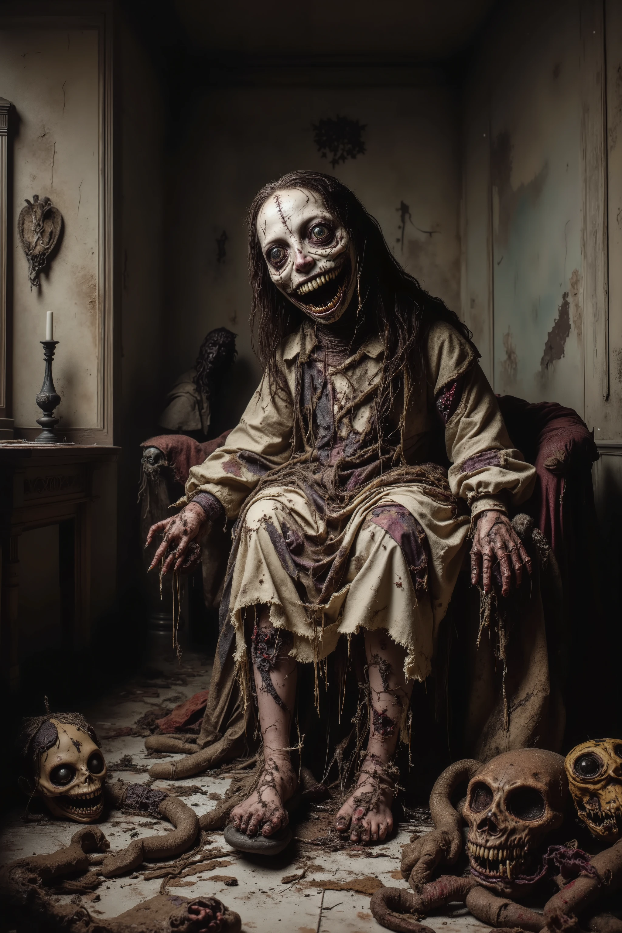 Lost in a sea of dispair and agony, a filthy disheveled morbid doll sits in a rocking chair in an old dirty bedroom with walls falling apart. Patches of dark hair on it's head it is made of torn, filth stained fabric, coming apart at the seams. It sits with its head in a swamp of sadness. In contrast, smaller stuffed animals try to cheer up the melancholy doll. They smile and clap their hands trying to shake the dolls empty stare. Startling scene. Horrific evil doll with devil eyes. A sad scene, with a touch of hope in sight. Macabre. Demonic, creepy doll. Iconic images. Depressing scenes. Photo-realistic, ultra-detailed, realism, portrait photography,cinematic portrait, cinematic photography, UHDR, full focus, highest quality, cinematic lighting, attention to detail,optical illusions, unique, cinematography, best quality, masterpiece.