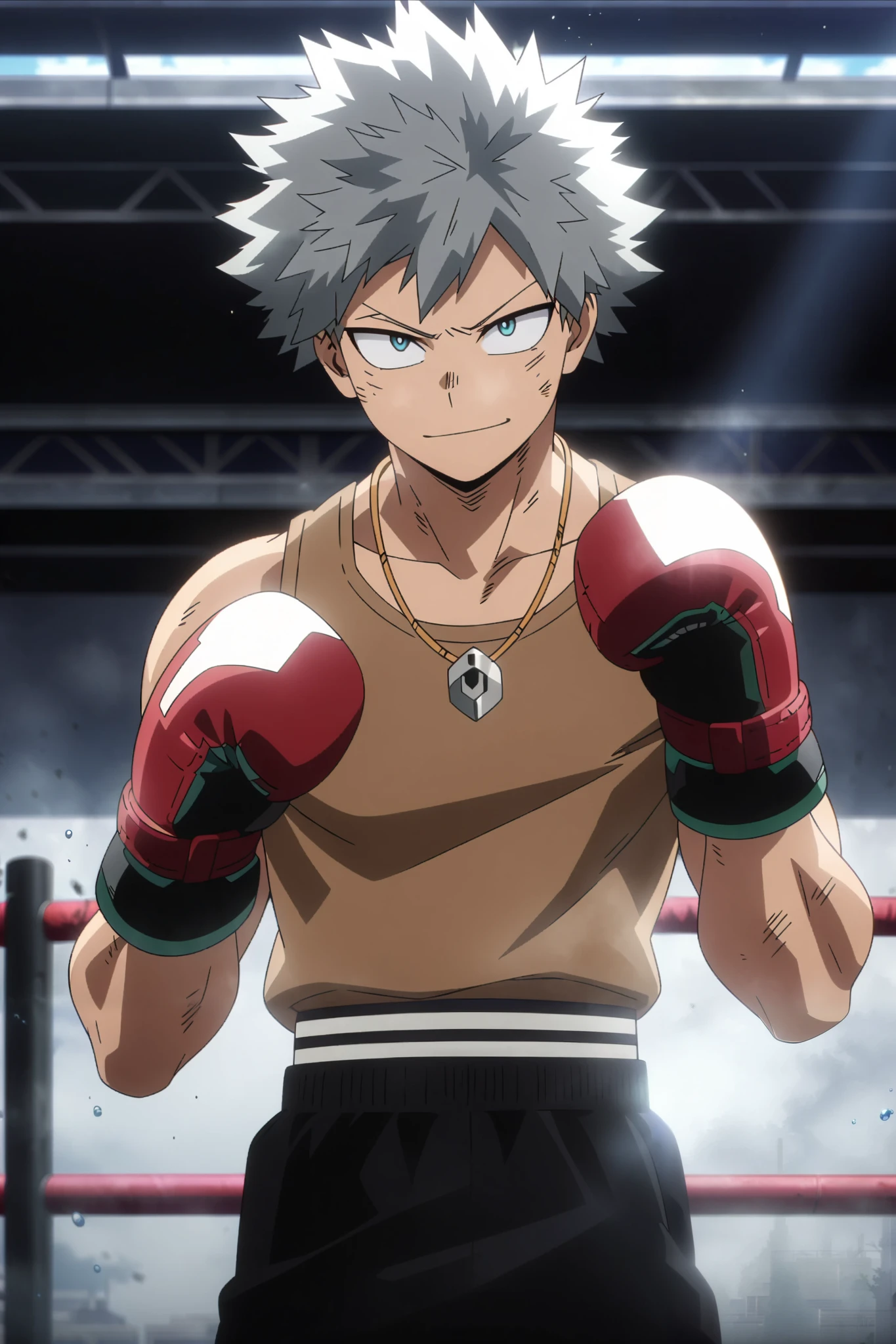 Young man, muscular and robust body, short gray hair, brown tank top, boxing shorts, stitched leather boxing gloves, fight bruises on the body, innocent smile, pointed nose, necklace with blue drop symbol, boxer pose, "Anime features inspired by My Hero Academia, drenched in dramatic and incredible lighting, dramatic lighting, infused with creative details, ultra-fine 2D design, scenery bathed in creativity, bathed in creativity, boasting HD anime resolution clarity, HD anime graphics, high-octane rendering"
Daytime, detailed anime lighting, colorfull.
My Hero Academia character, MHA style, anime style, my hero academia, boku no hero academia, animated. Anime, Best Quality, Masterpiece, High Resolution, 4K, perfect body, perfect eyes, perfect eyes, Full Quality, colorfull, Looking at viewer, Anime, Anime Style, High Resolution.
