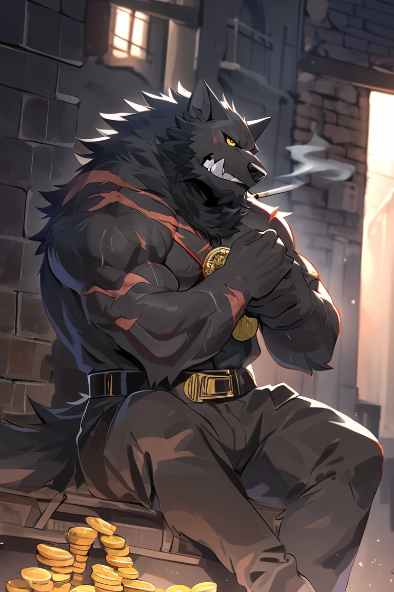 masterpiece, Black bara wolf, dark black fur, Muscular, strong physique, black beard, yellow eyes, eyes are shining、 strong jaw, Alone, great lighting, very manly, sweaty, Fantasy theme , Killer in Gang , gang costume, weapons on belt, smoking, skull medal, scars ,coins, Bad boy, pose、 Yankee sitting、Back Alley
