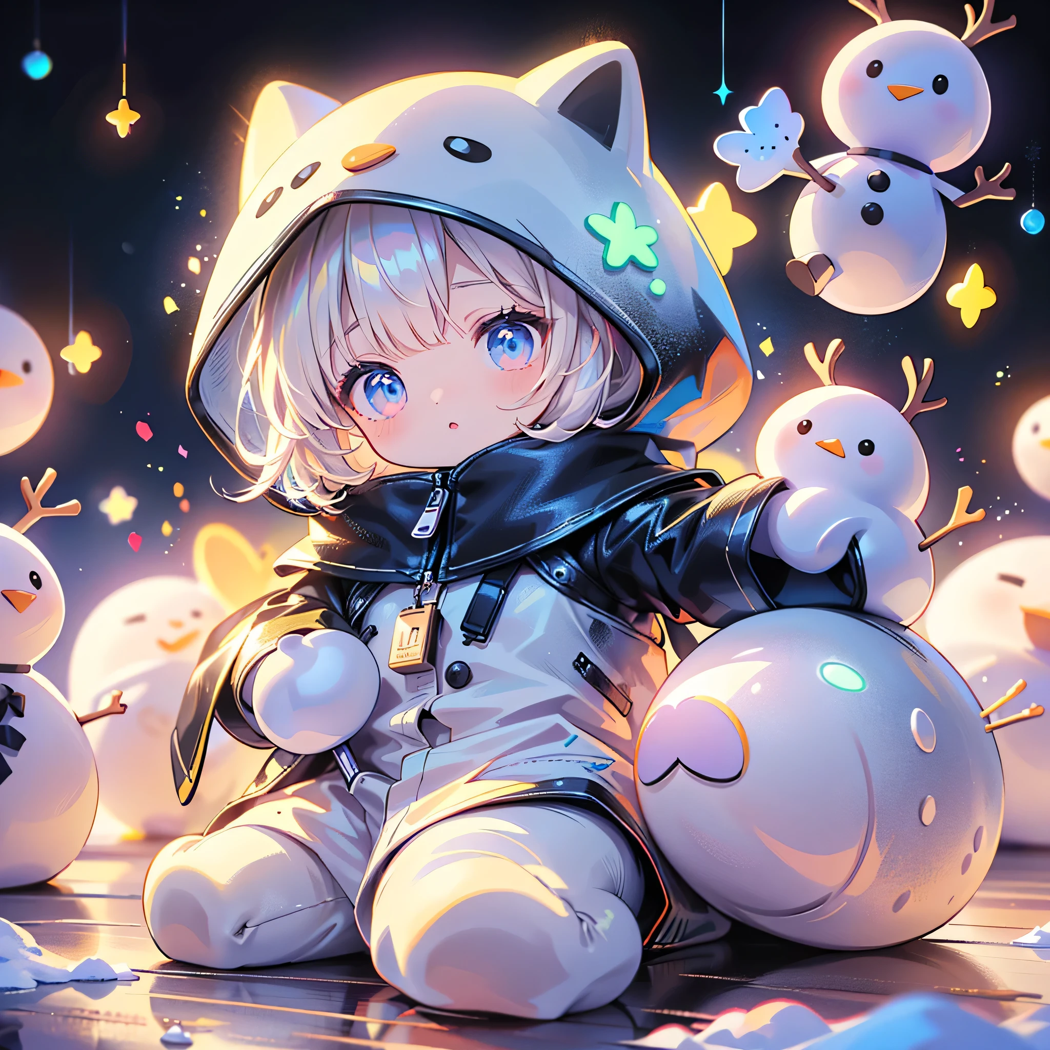 chibi、((( Top Quality、 Masterpiece、 very detailed、 high definition that also concentrates on the crotch )))、I'm wearing a snowman costume、 neon light 、 Black Light 、