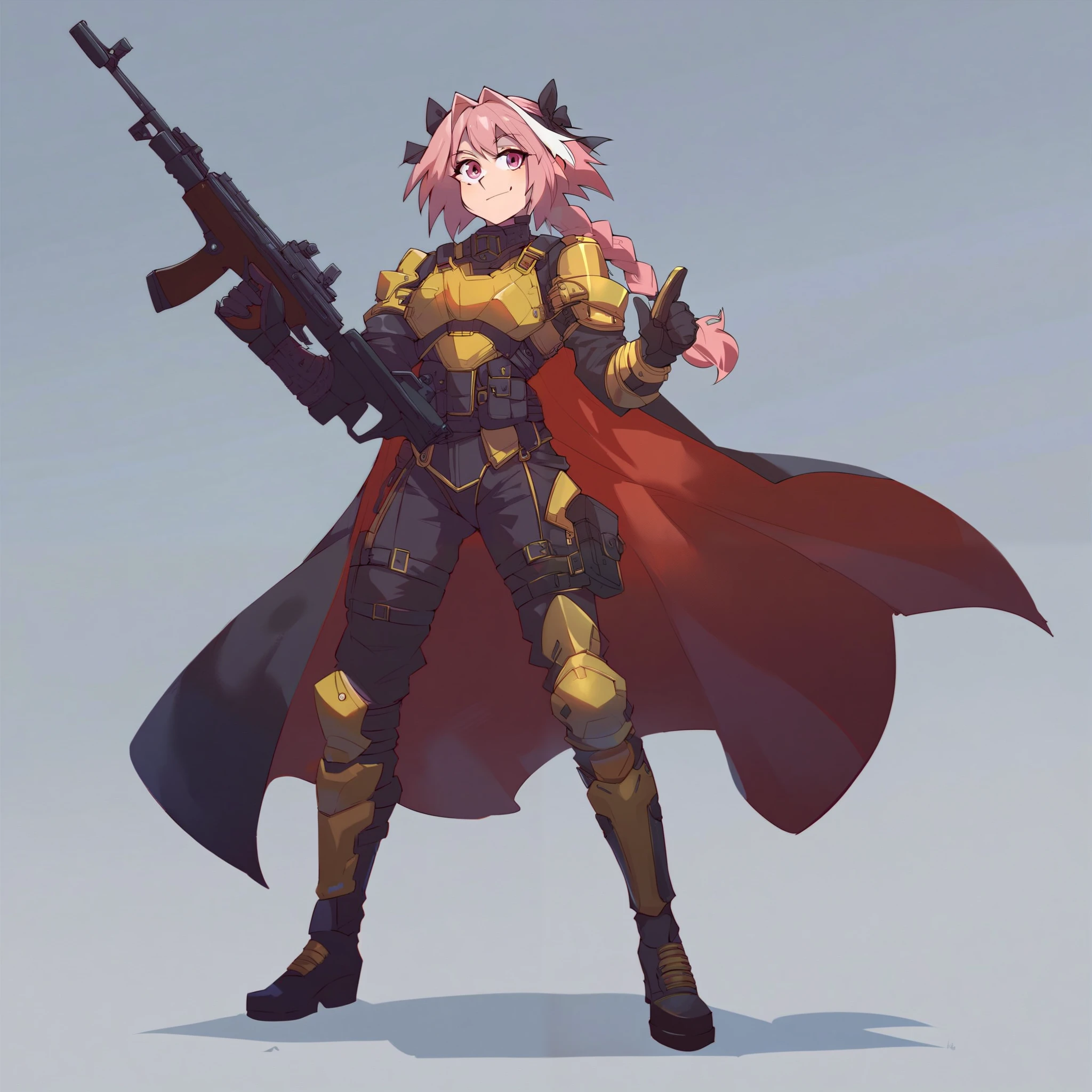 1Astolfo wearing helldiver armor, wearing grey with yellow inlays helldiver armor (wearing grey with yellow inline helldiver armor) is wearing sci fi helldivers armor, solo, alone, (SOLO)(ALONE) wearing cape, full body, holding rifle
