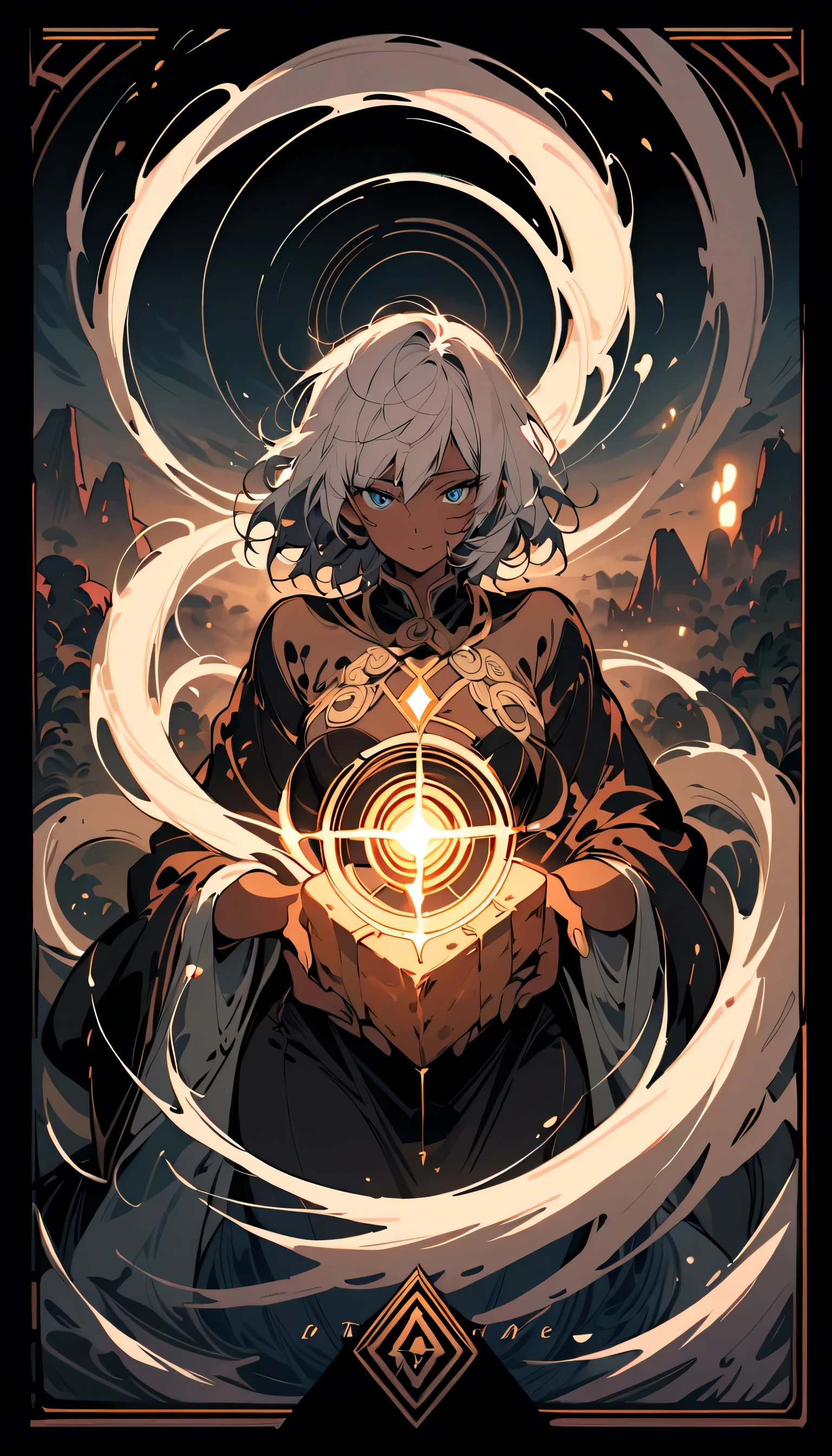 ((( dark skin))) Alfred Kubin style  ， tarot cards ，together， ghost girl ,  Huge Wings ， white hair,  attractive expression  ， definition ， big smile ，(  Top view ),action：Seduce，background：hell， close，8K，  high quality ，  masterpiece，very good，  rich details ，  highly detailed face and eyes, Cinematographic landscape image of Machu Picchu,  Delicate swirls of colorful blue neon wrap around her spiral figure ,  represented with intricate pointillist details .  The background is misty and illuminated by the radiant glow of a light . the light, located behind the person ,  has a touch of film grain and a subtle cinematic texture, It has a bread flute