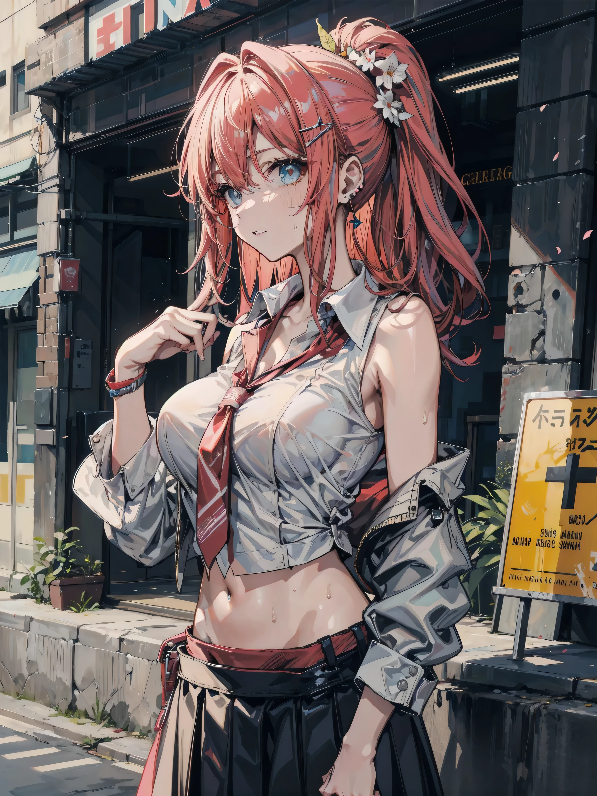 masterpiece, highly detailed, Best quality, ultra high res, 1girl,  <lora:[P]-Power:0.8>,  horns, long hair, looking at viewer, medium breasts,  outdoor, power (chainsaw man), Strapless, smile, (bent over:1.2),  day, off-the-shoulder, random shirt, cowboy shot,  partially_unbuttoned,