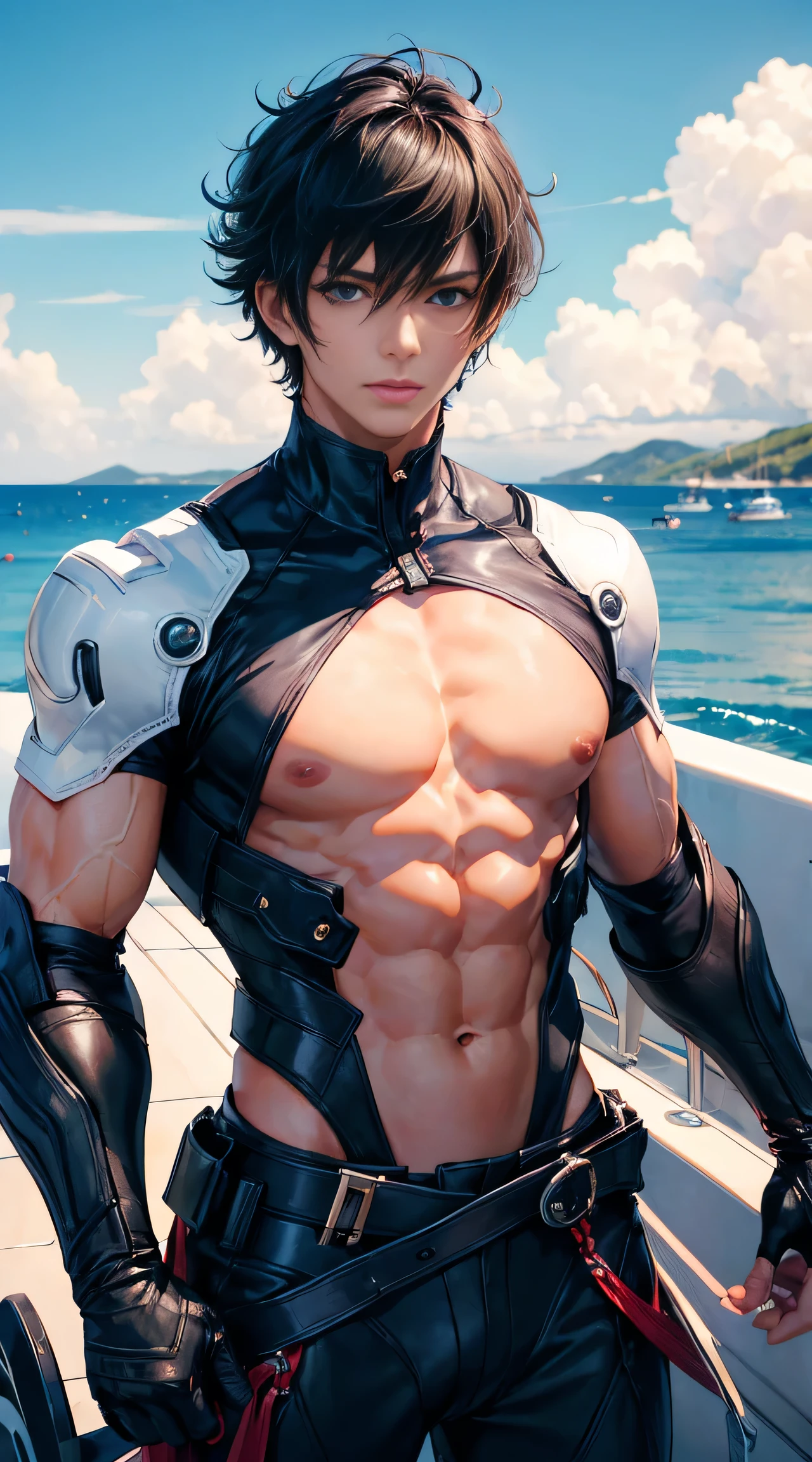 ((4K works))、masterpiece、((best quality)), ((Masterpiece)), (details), perfect face,high definition,Masterpiece,4k,details clearly,,,Handsome face,white skin,perfect body,male body,strong muscles,Abdomen muscles are wavy.,abdomen,blue eyes,white skin,The most handsome man in the world,handsome,,The coolest face,Male characters,Strong breasts,beautiful eyes,Look clearly...,short hair,black hair,happy face,kindness,perfect Body,Sixpack,Bright Skin,Healthy,male briefs,Dark eyebrows,shirtless,Model,Bright lights,Posing,Happy,wet Skin,Yacht,on the Yacht,clear sky,Beautiful ocean,stand on boat,The wind is blowing,relexing,Good lips,Full HD,beautiful light,Sun light,focus body,muscular,beautiful eyes,V shape,perfect male face,handsome,sexy man,windy,colorful outfits,strong thighs,male swimwear