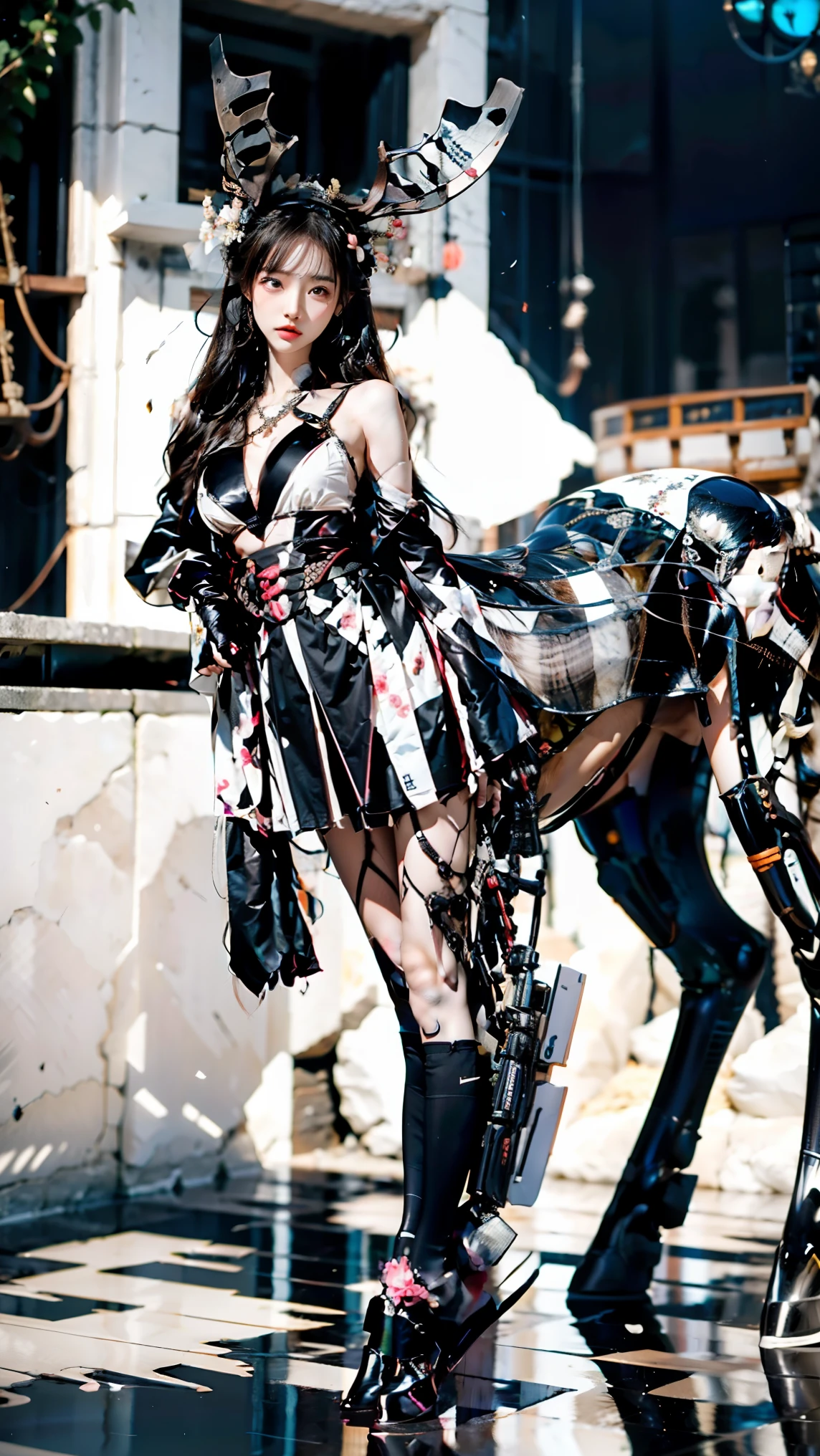 2 girls are at the station area, behind is a cyber punk style train, the train, realistic, high quality:1.2, best image, perfect photo:1.5