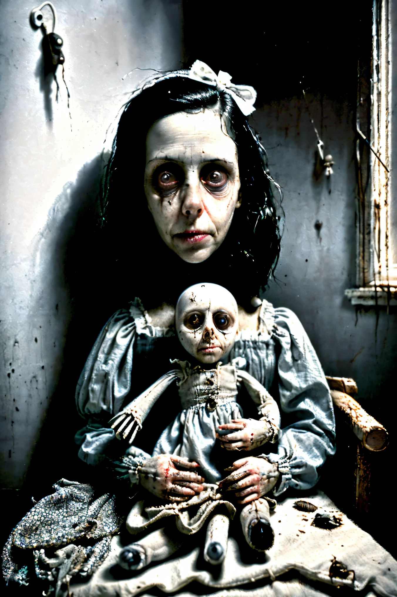 Dilapidated Bedroom. Walls falling apart. Filthy Toys. One large sad, creepy, morbid, disgusting, macabre doll sitting in a chair. Patches of dark hair on head. Torn, dirty fabric, coming apart at the seams. Terrified smaller stuffed animals look around with fear. Lots of stuffed animals hung on the wall and laying on the dusty floor. Spider webs, dust bunnies. Startling scene. Horrific evil doll with haunting eyes. Sad smile. Demonic, creepy doll. Iconic images. Depressing scenes. Photo-realistic,ultra-detailed,realism,portrait photography,cinematic portrait,cinematic photography, UHDR, full focus, highest quality, cinematic lighting, attention to detail,optical illusions, unique, cinematography, best quality, masterpiece.