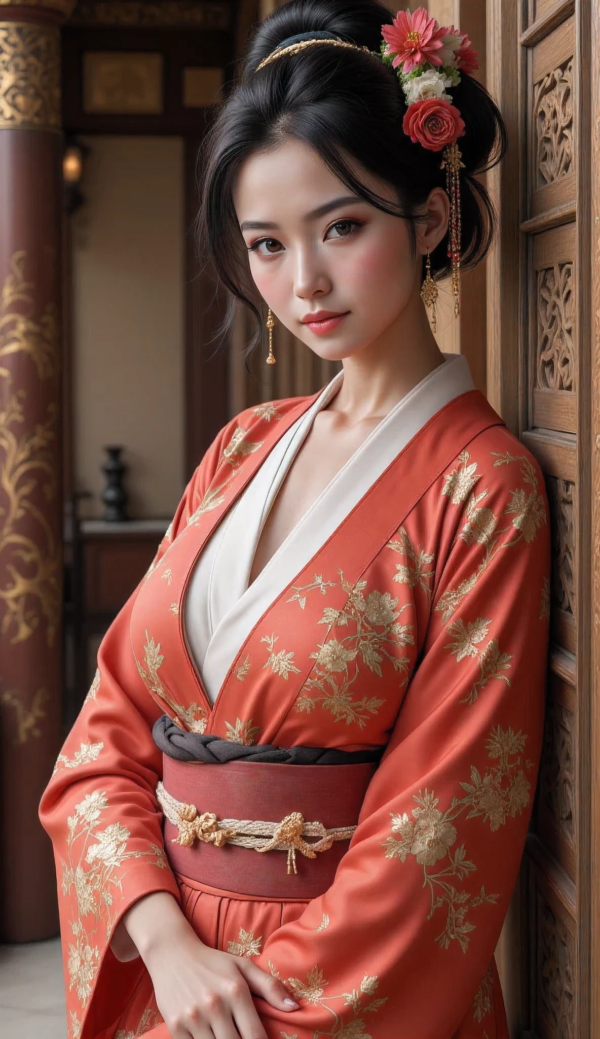 arafed japanese woman in a japanese traditional folk kimono dress standing in a room, wearing ancient chinese clothes, palace ,an oiran, a girl in hanfu, hanfu, traditional chinese clothing, with acient chinese clothes, chinese dress, japanese kimono, chinese costume, traditional beauty, ancient chinese princess, japanese clothes, chinese style, traditional japanese colors, wearing kimono, ancient chinese beauties, Create a prompt that captures the essence of ancient Japan through an artist's interpretation. The scene should feature a photorealistic, well-rounded Japanese female character who embodies vivacity and grace, showcasing her in a traditional silk kimono as she smiles gently. Utilize a wide-angle view to emphasize symmetrical image composition, with a cinematic angle that reveals a beautifully designed ancient oriental interior in the background. Employ soft lighting to enhance the ambiance, ensuring that the character’s shiny hair and lifelike features are depicted with precision. Focus on creating central leading lines that guide the viewer's eye through the depth of the scene, while highlighting the intricate details of both the wardrobe and the environment. Please ensure the artwork reflects an immersive ancient Japan theme, enriched by the textures and vibrancy typical of a MajicMix or silkpunk style, without including any inappropriate elements.Accurate,