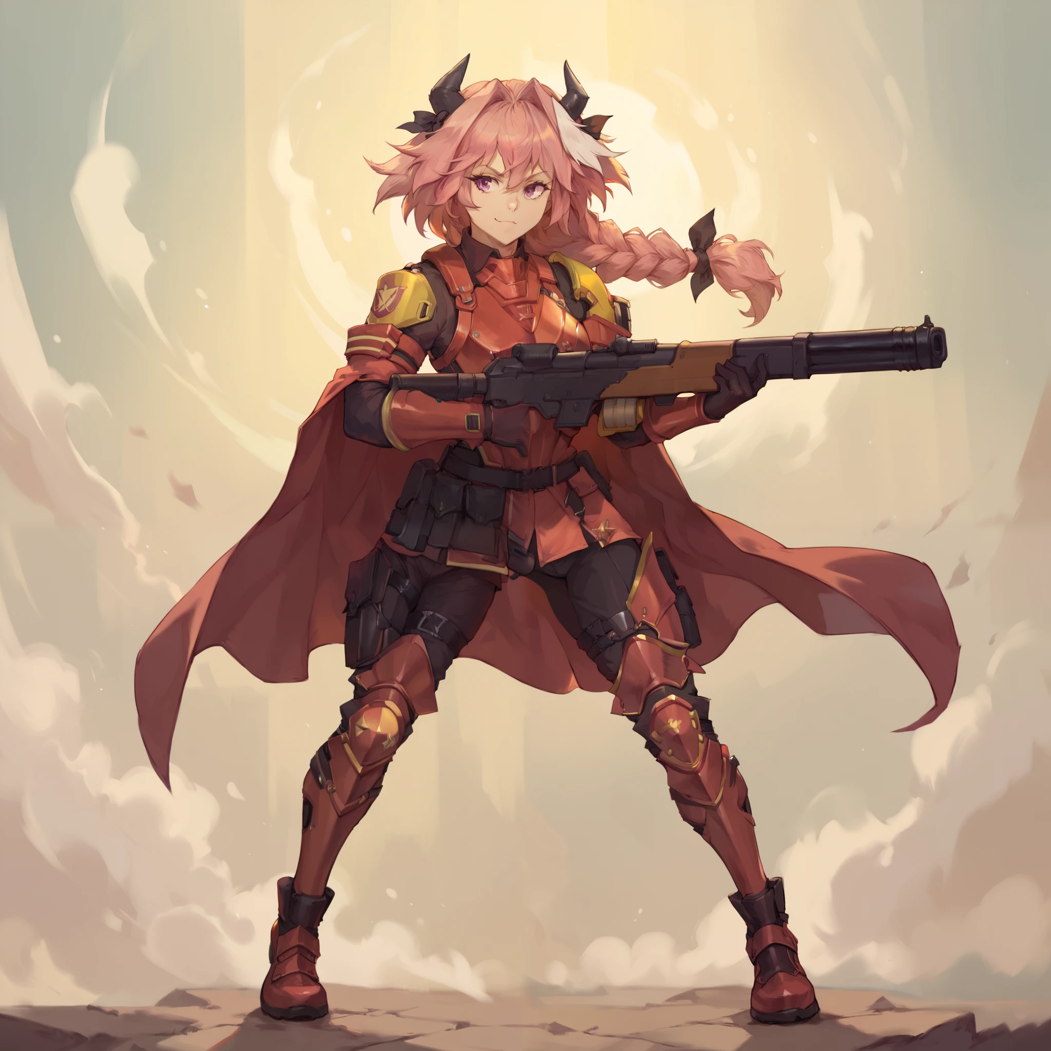 1Astolfo wearing helldiver armor, wearing grey with yellow inlays helldiver armor (wearing grey with yellow inline helldiver armor) is wearing sci fi helldivers armor, solo, alone, (SOLO)(ALONE) wearing cape, full body, holding rifle