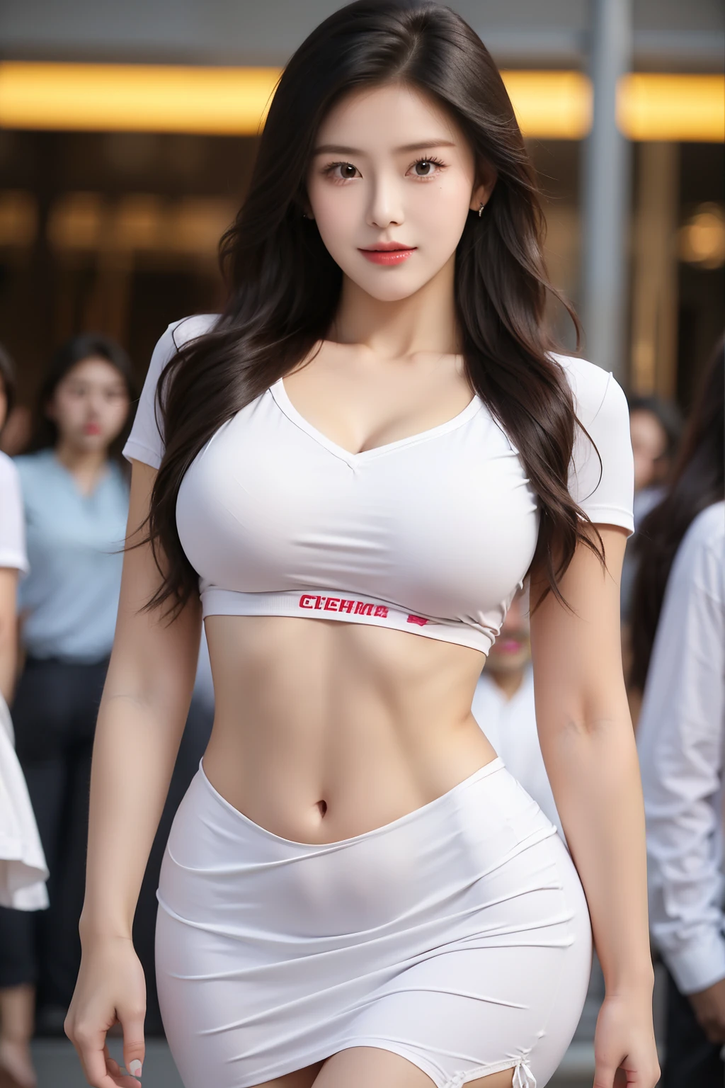 ((Realistic lighting, Best quality, 8K, Masterpiece: 1.3)), Light focus: 1.2, 1girl, Perfect figure: 1.4, Slim Abs: 1.1, ((Dark brown hair)), (White crop top: 1.4), (Outdoor, Night: 1.1), City streets, Super thin face, Thin eyes, Double eyelids, Full fitness body, Geek twerk style cosplay dress, Elegant features on breasts, Body features of perfect cosplay model, Sexy features in evidence, geektight and sexy fashion clothing